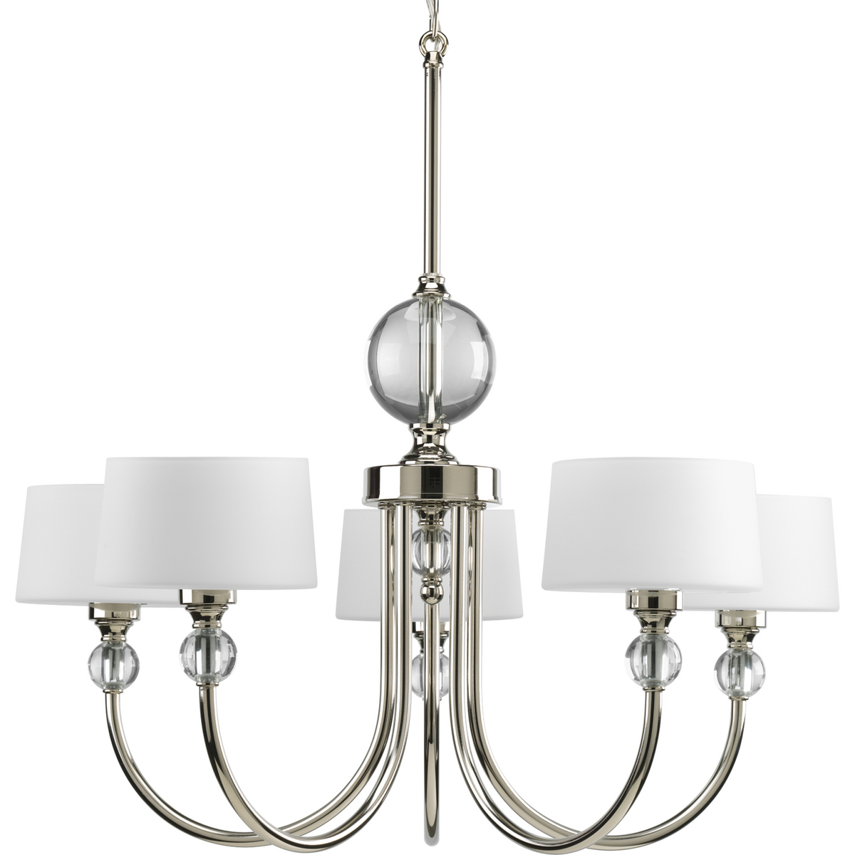 Fortune five-light chandelier is a glamorous design with brilliant gleaming metalwork and K9 glass accents. Elegantly simple, the polished frame gracefully supports white diffusers and opal etched drum shades to provide pleasing, even illumination. Unique stem-hung construction carries the clean line all the way to the ceiling and, for sloped ceilings, 6 links of 9 gauge chain is provided to allow the fixture to hang straight and level.