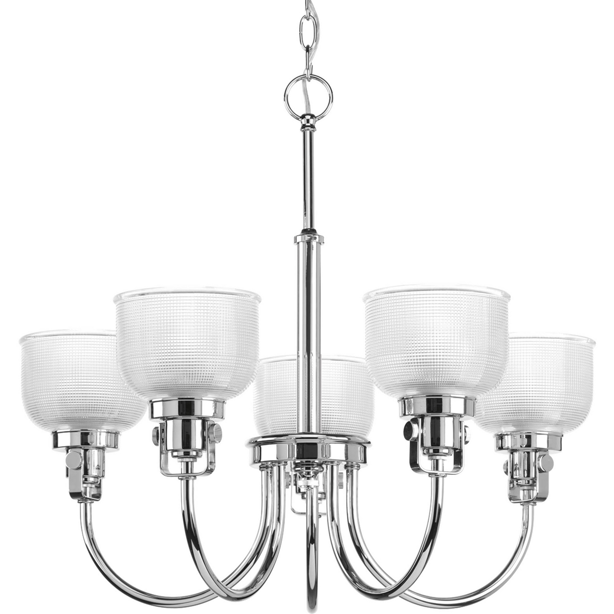 The Archie Collection brings a vintage, industrial flair to interior settings. The collection�s distinctive double prismatic glass adds visual interest as its crisscross pattern comes to life when illuminated. The distinctive finely crafted strap and knob detail adds authentic industrial flair. This versatile five-light chandelier can be installed with the glass facing up or down. Polished Chrome finish.