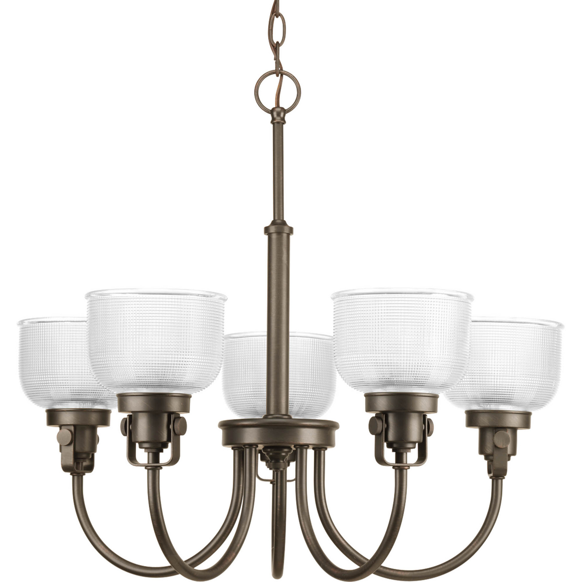 The Archie Collection brings a vintage, industrial flair to interior settings. The collection�s distinctive double prismatic glass adds visual interest as its crisscross pattern comes to life when illuminated. The distinctive finely crafted strap and knob detail adds authentic industrial flair. This versatile five-light chandelier can be installed with the glass facing up or down. Venetian Bronze finish.