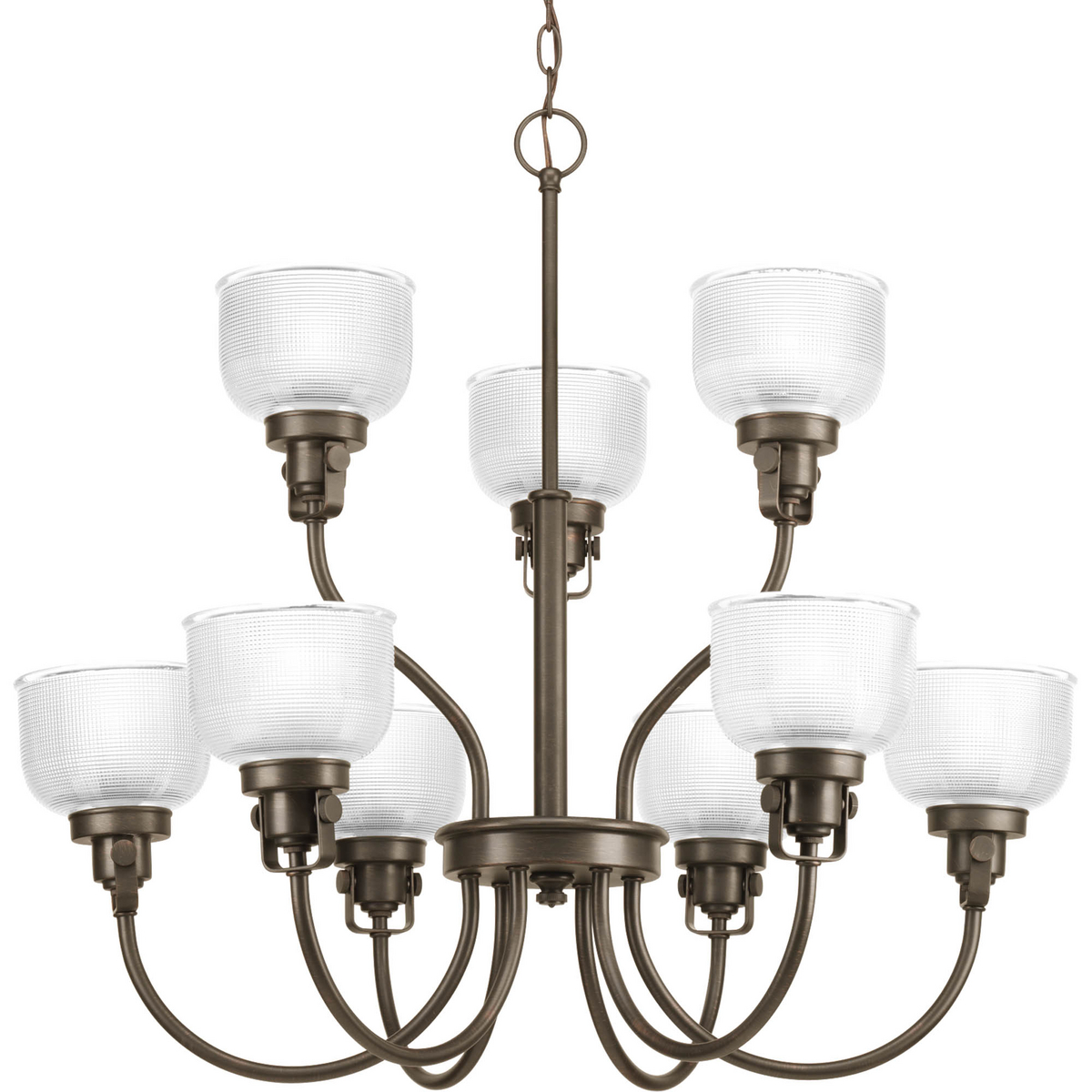 The Archie Collection brings a vintage, industrial flair to interior settings. The collection�s distinctive double prismatic glass adds visual interest as its crisscross pattern comes to life when illuminated. The distinctive finely crafted strap and knob detail adds authentic industrial flair. This nine-light fixture is perfect for dining rooms, foyers and anywhere chandeliers could be used. Venetian Bronze finish.