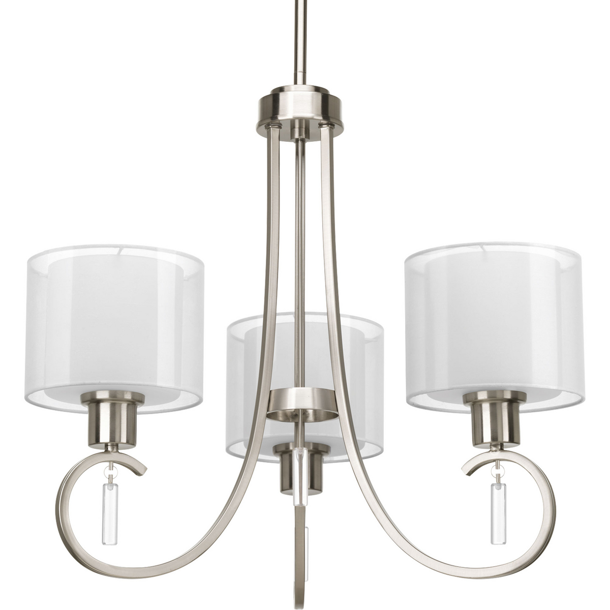 Invite the beauty of light into your home with this Brushed Nickel three-light chandelier. Invite provides a welcoming silhouette with a unique shade comprised of an inner glass globe encircled by a translucent sheer Mylar shade. The rich, layering effect creates a dreamy look that is both elegant and modern. Offered as a complete collection, the Invite styling can be carried throughout your home or as a focal style in a special room.