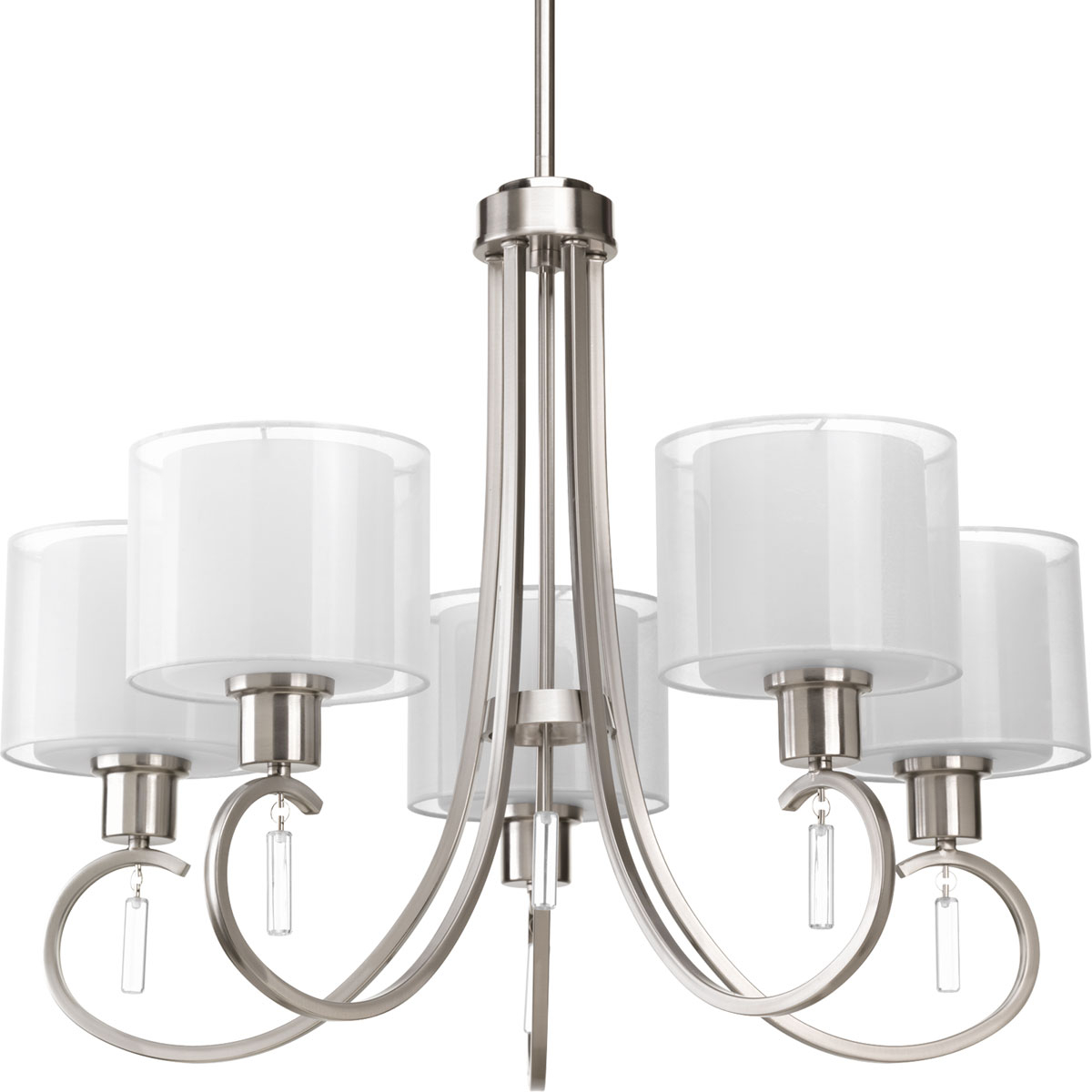 Invite the beauty of light into your home with this Brushed Nickel five-light chandelier. Invite provides a welcoming silhouette with a unique shade comprised of an inner glass globe encircled by a translucent sheer Mylar shade. The rich, layering effect creates a dreamy look that is both elegant and modern. Offered as a complete collection, the Invite styling can be carried throughout your home or as a focal style in a special room.
