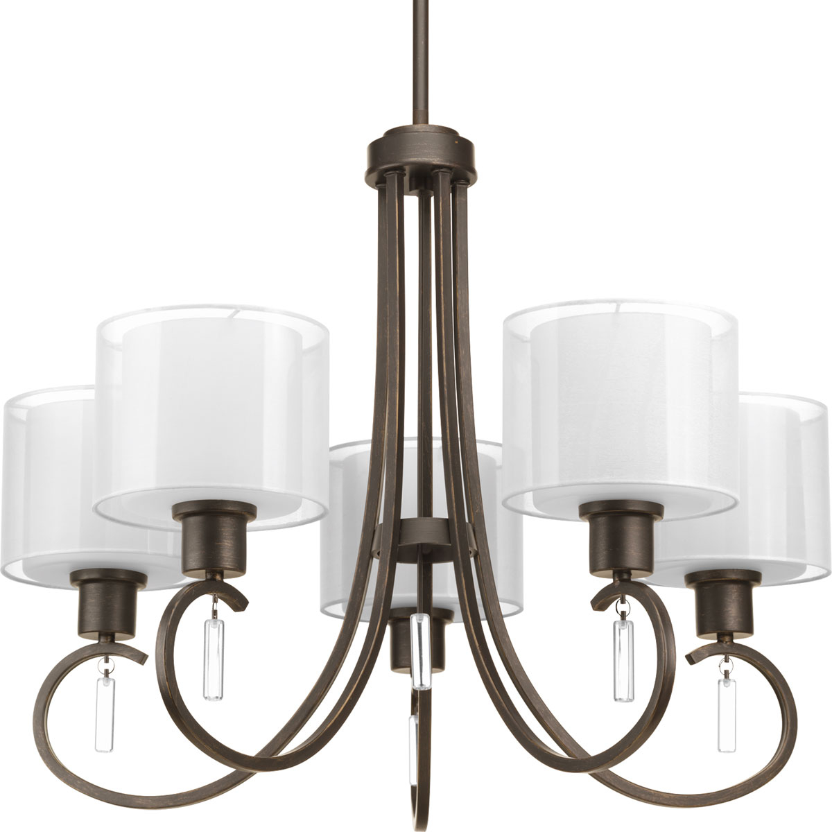 Invite the beauty of light into your home with this Antique Bronze five-light chandelier. Invite provides a welcoming silhouette with a unique shade comprised of an inner glass globe encircled by a translucent sheer Mylar shade. The rich, layering effect creates a dreamy look that is both elegant and modern. Offered as a complete collection, the Invite styling can be carried throughout your home or as a focal style in a special room.