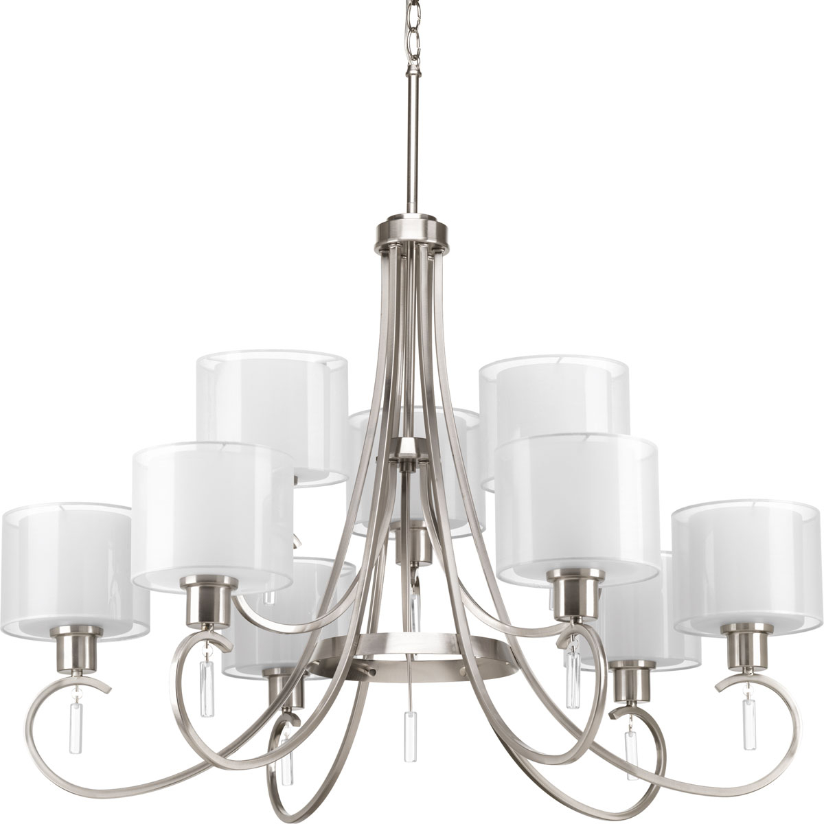 Invite the beauty of light into your home with this Brushed Nickel nine-light, two-tier chandelier. Invite provides a welcoming silhouette with a unique shade comprised of an inner glass globe encircled by a translucent sheer Mylar shade. The rich, layering effect creates a dreamy look that is both elegant and modern. Offered as a complete collection, the Invite styling can be carried throughout your home or as a focal style in a special room.