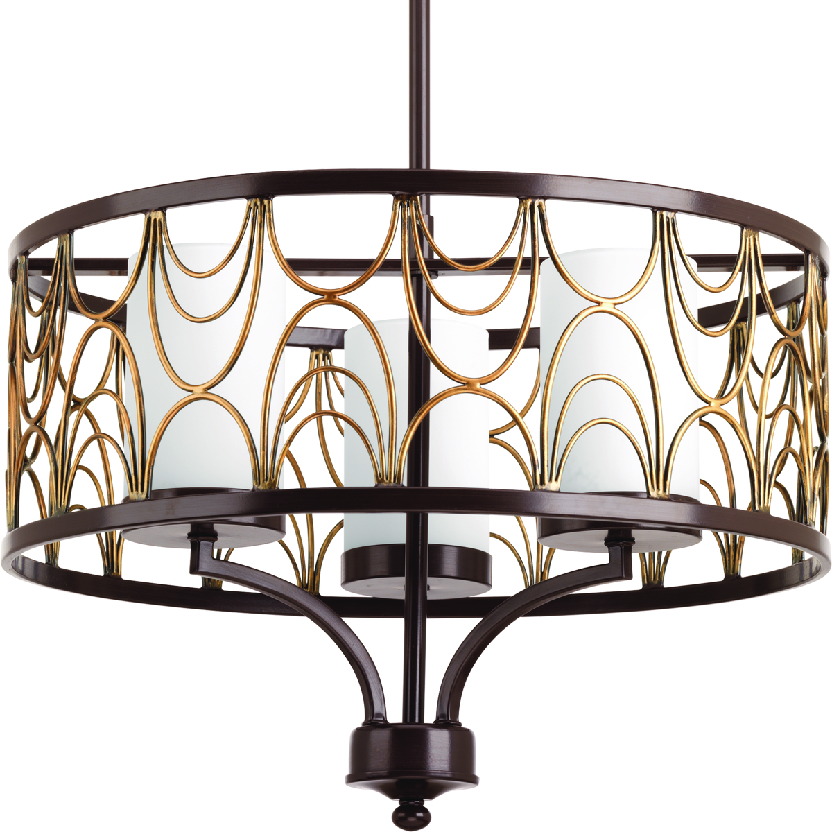 The three-light chandelier in the Cirrine collection appeals to the creative spirit within all of us. Hand formed arching elements are highlighted by an artistic painted finish that feathers from a rich bronze tone to a vintage brass accent. Etched white glass complements the artistic frame.