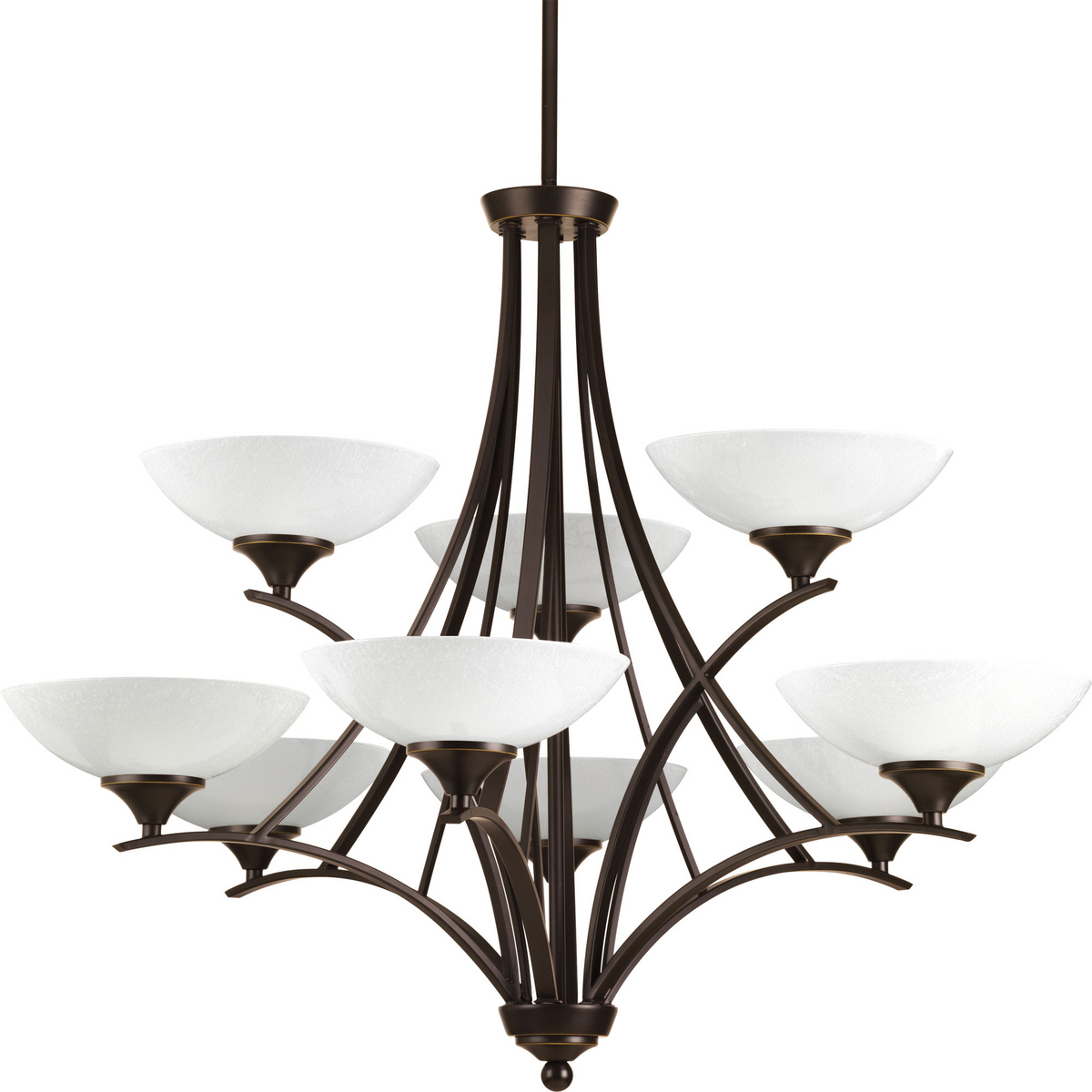 Nine-light, two-tier chandelier with polished seeded glass etched inside is inspired by modern graphic design providing artful details to enhance visual space.