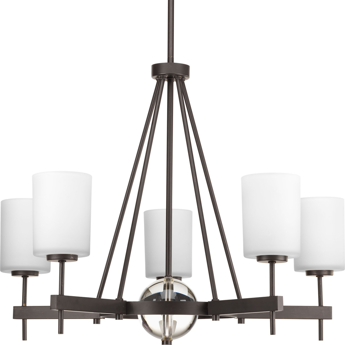 Find your frame of reference with the Compass collection. Antique Bronze five-light chandelier is distinguished by crisp, linear elements that both contrast and cradle opal glass shades for pleasing illumination. K9 glass ball provides a sophisticated accent to the fixture.