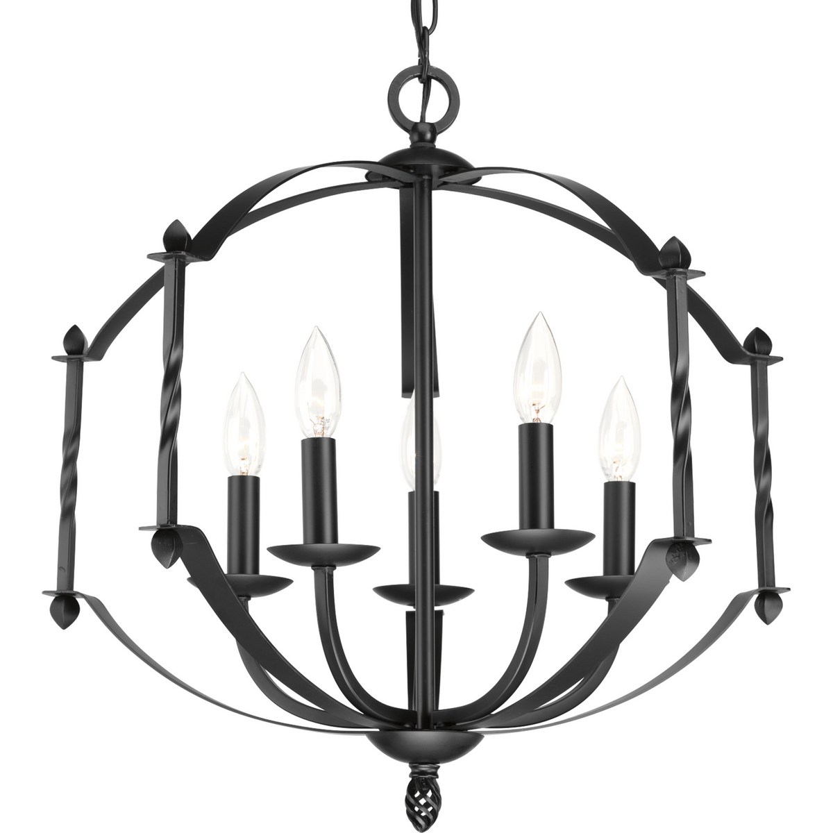 A black iron frame with twist elements takes center stage in Greyson. The five-light cluster nestles inside this rustic piece for a strong, bold, yet casual feel.