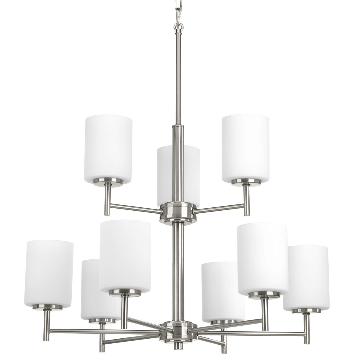 Nine-light, two-tier chandelier from the Replay Collection features a linear form that provides a pleasingly elegant accent to your home. A sleek, metallic finish is complemented by white glass diffusers for a clean, modern silhouette. Brushed Nickel finish.