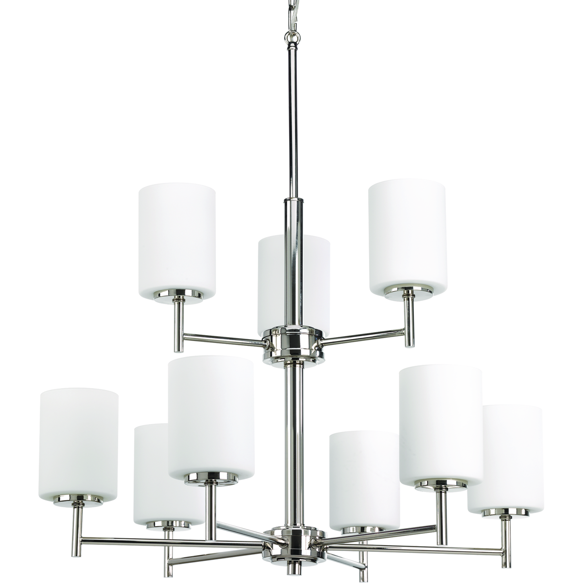 Nine-light, two-tier chandelier from the Replay Collection, feature smooth forms, linear details and a pleasingly elegant frame enhance a simplified modern look. Arms can be faced up or down. Polished Nickel finish.