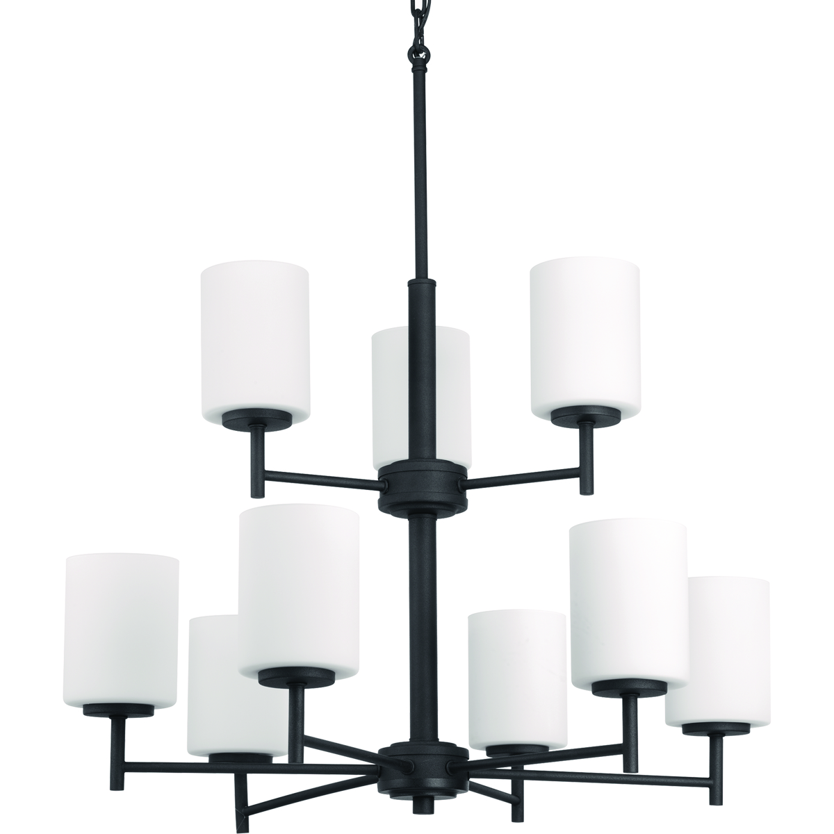 Nine-light, two-tier chandelier from the Replay Collection, feature smooth forms, linear details and a pleasingly elegant frame enhance a simplified modern look. Arms can be faced up or down. Black finish.