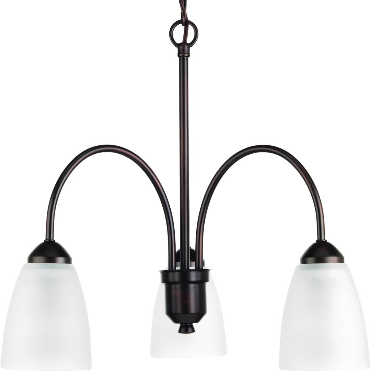 Three-light chandelier from Gather possesses a smart simplicity to complement today's home. Antique Bronze metal arms descend downwards and curve sharply to prop white etched glass shades. Etched glass add distinction and provide pleasing illumination to your room. Coordinating fixtures from this collection let you decorate an entire home with confidence and style.