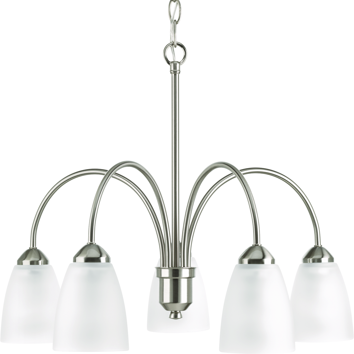 Five-light chandelier from Gather possesses a smart simplicity to complement today's home. Brushed Nickel metal arms descend downwards and curve sharply to prop white etched glass shades. Etched glass add distinction and provide pleasing illumination to your room. Coordinating fixtures from this collection let you decorate an entire home with confidence and style.