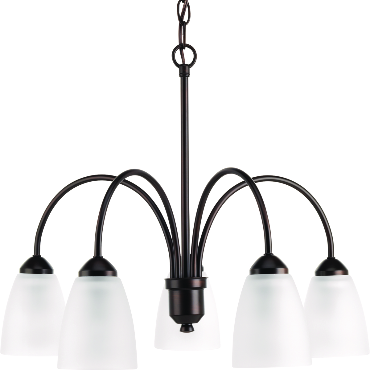 Five-light chandelier from Gather possesses a smart simplicity to complement today's home. Antique Bronze metal arms descend downwards and curve sharply to prop white etched glass shades. Etched glass add distinction and provide pleasing illumination to your room. Coordinating fixtures from this collection let you decorate an entire home with confidence and style.