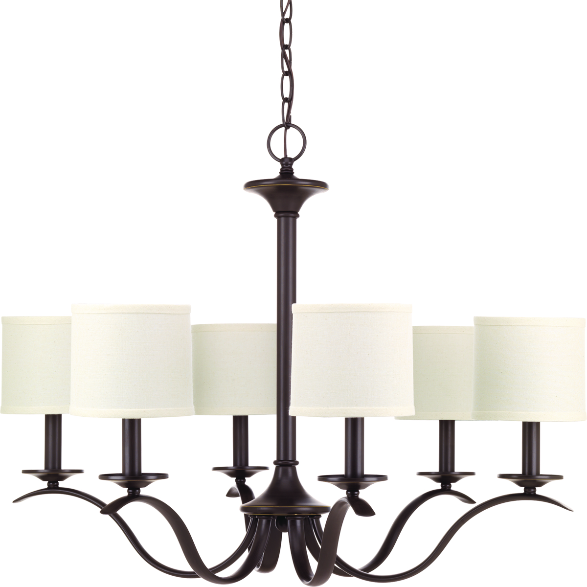 Antique Bronze six-light chandelier provides a welcoming silhouette in any home. Unique off-white linen shades encompass an inner glass globe. The rich, layering effect creates a dreamy look that is both elegant and modern. Offered as a complete collection, the Invite styling can be carried throughout your home or as a focal style in a special room.