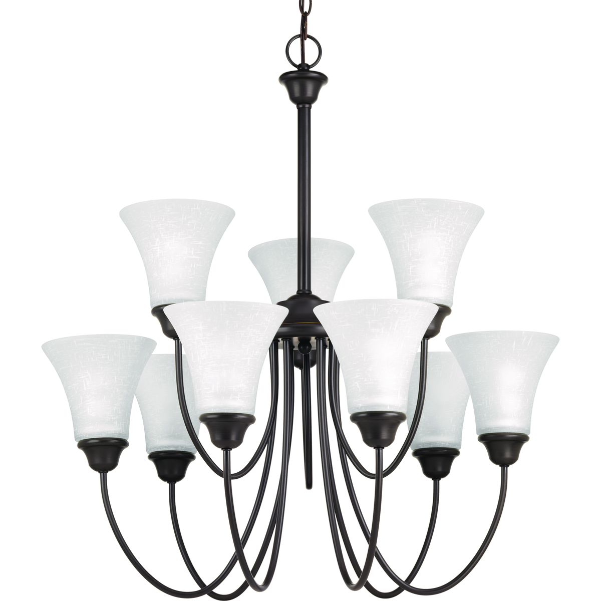 The nine-light, two-tier chandelier in the Tally Collection embraces a simplified classic form that is updated with modern inspiration. Angular arms and a beautiful linen-finished glass offer visual interest and enhance relaxed environments. Antique Bronze finish.