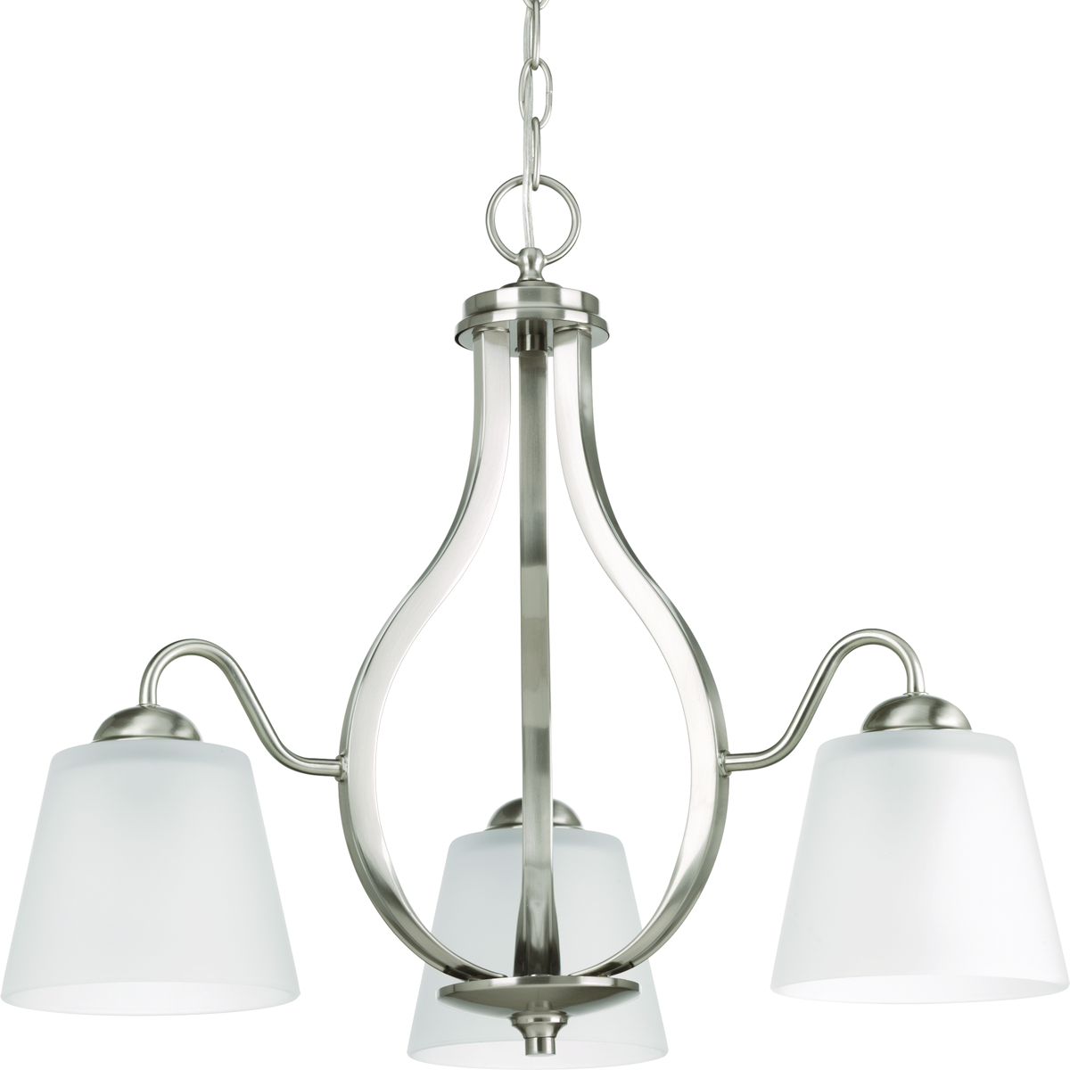 The three-light chandelier from the Arden collection offers a comfortable silhouette that is both rustic and modern. A substantial frame is crafted from overscaled tubing with complementing etched glass shades. This transitional style fixture is finished in Brushed Nickel.