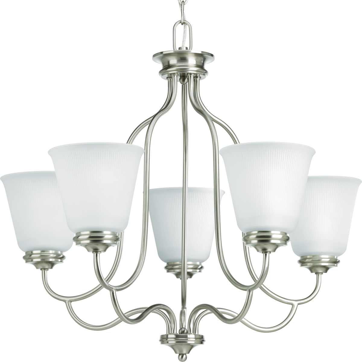 Five-light chandelier with a light and open feeling, combined with traditional styling, triumph in the Keats collection. Frosted ribbed glass and an elegant frame enhance the overall effect. Brushed Nickel finish.