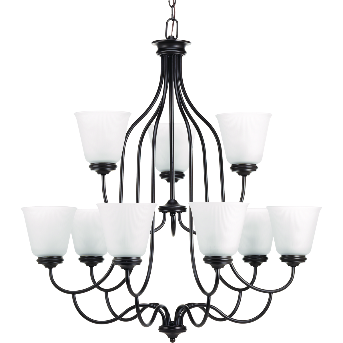 Nine-light, two-tier chandelier with a light and open feeling, combined with traditional styling, triumph in the Keats collection. Frosted ribbed glass and an elegant frame enhance the overall effect. Antique Bronze finish.