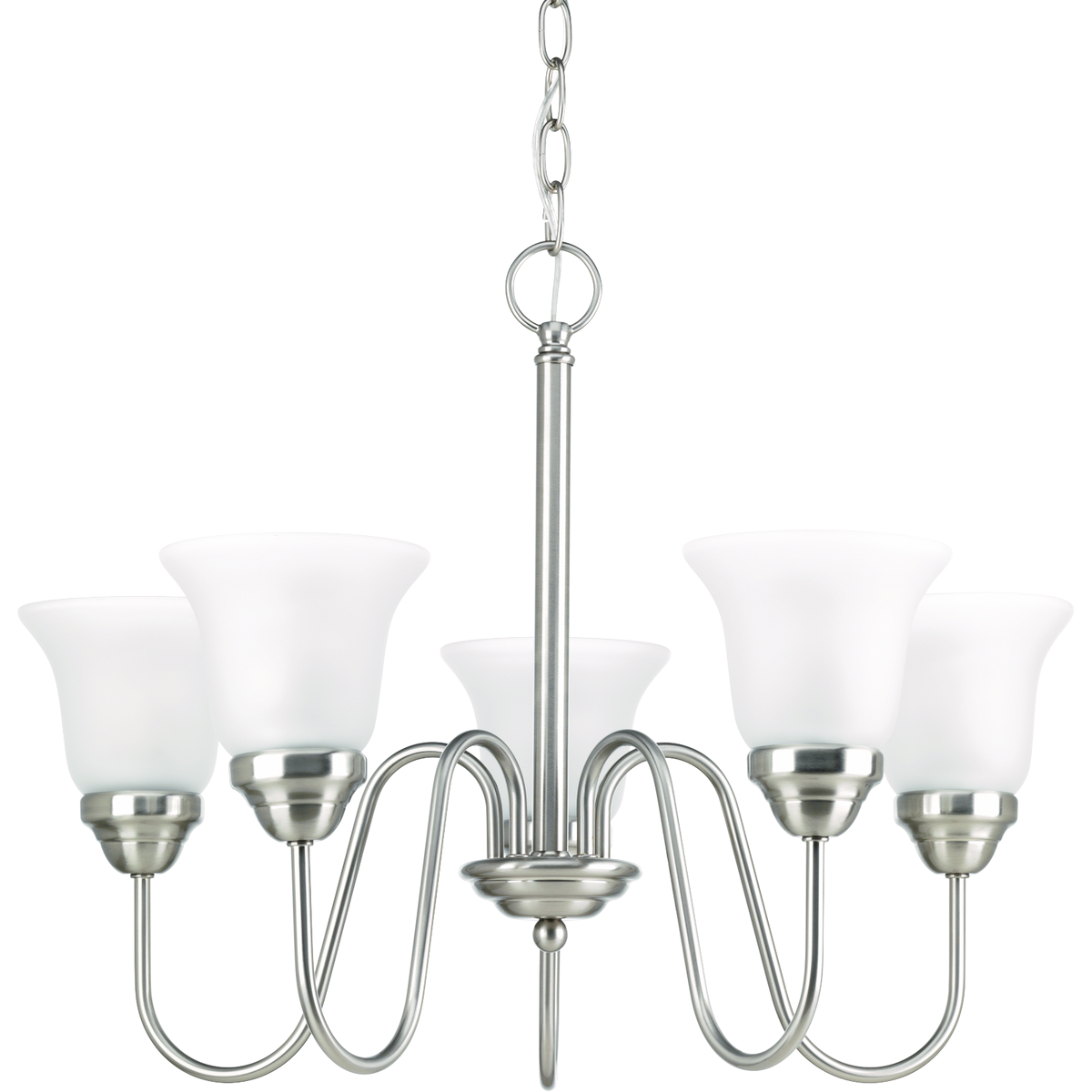 Traditional details and graceful lines provide modern elegance to any interior. The Classic Collection five-light chandelier features etched glass shades with a Brushed Nickel finish.