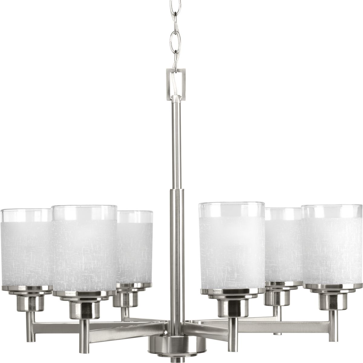 Six-light linear chandelier features a pleasingly simple Brushed Nickel frame while visually interesting textured white linen glass are complemented by a crisp clear edge accent. Create the sophisticated feel of modern, urban living in your home � no matter where you live.