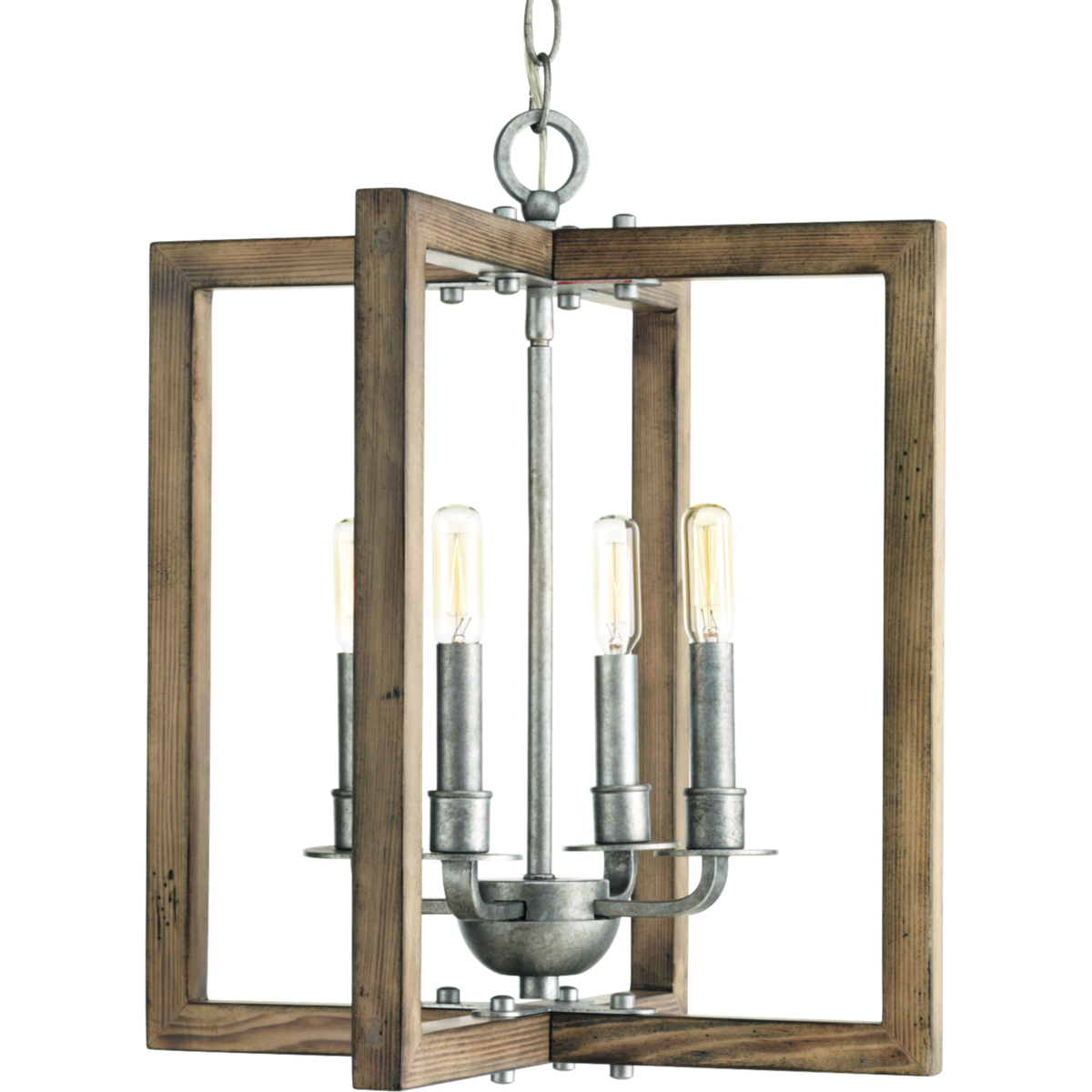 Nautical and coastal-inspired four-light pendant is popular in a variety of today's home designs. Turnbury pendants feature a solid wood frame surrounded with hand-painted, galvanized metal fittings. The distressed frame finish is reminiscent of driftwood that has been weathered in the sun.