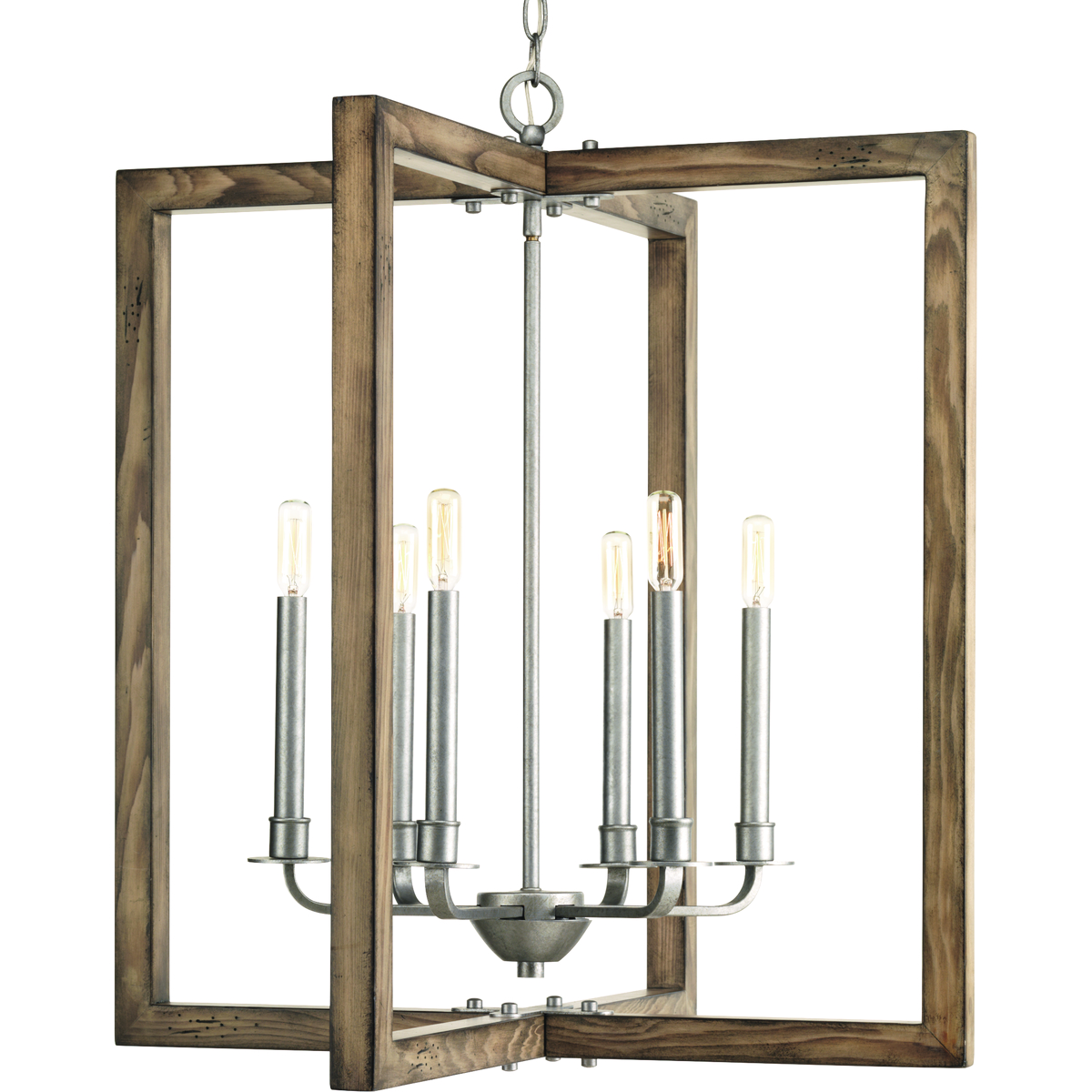 Nautical and coastal-inspired six-light pendant is popular in a variety of today's home designs. Turnbury pendants feature a solid wood frame surrounded with hand-painted, galvanized metal fittings. The distressed frame finish is reminiscent of driftwood that has been weathered in the sun.