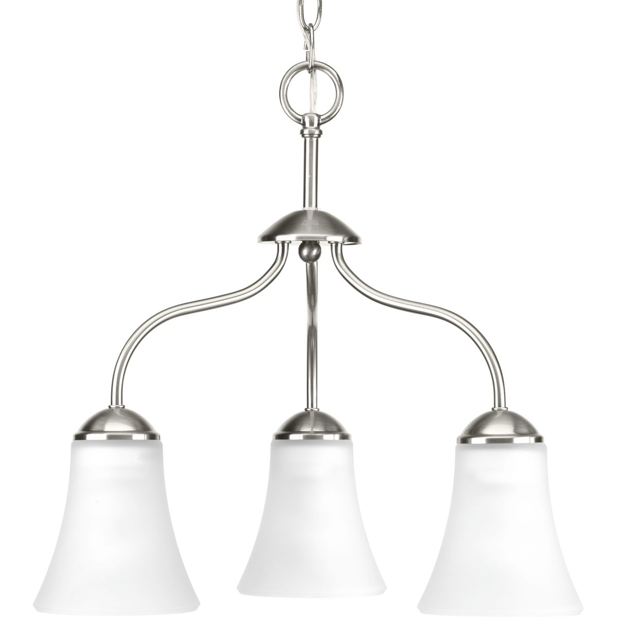 Traditional details and graceful lines provide modern elegance to any interior. The Classic three-light chandelier features etched glass shades with a Brushed Nickel finish.