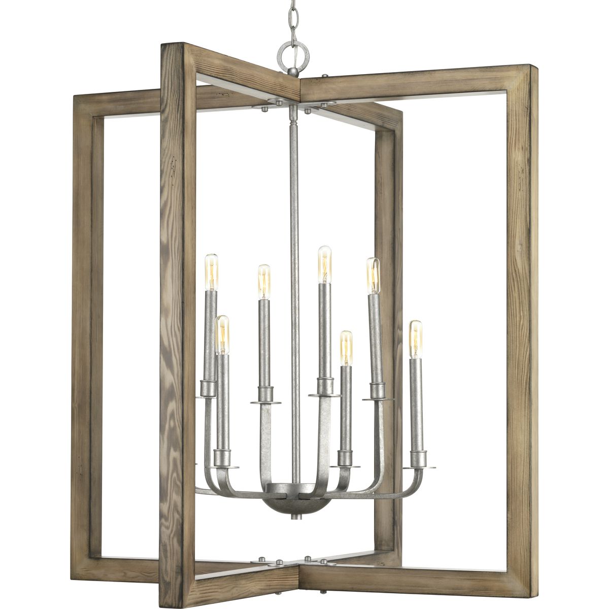 The coastal-inspired Turnbury pendant features a solid wood frame surrounded with hand-painted, galvanized metal fittings. The distressed pine frame finish is reminiscent of driftwood that has been weathered in the sun.