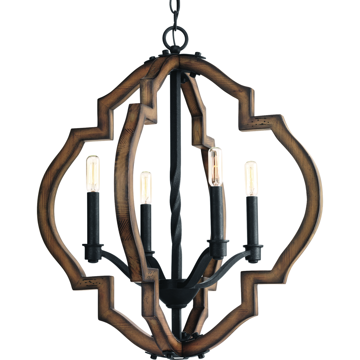 The statement-making four-light Spicewood pendant features a rich, solid wood surrounded in a classic quatrefoil pattern. Wrought iron metal fittings in a Gilded Iron finish are paired with a distressed pine frame to complement rustic and reclaimed design styles.