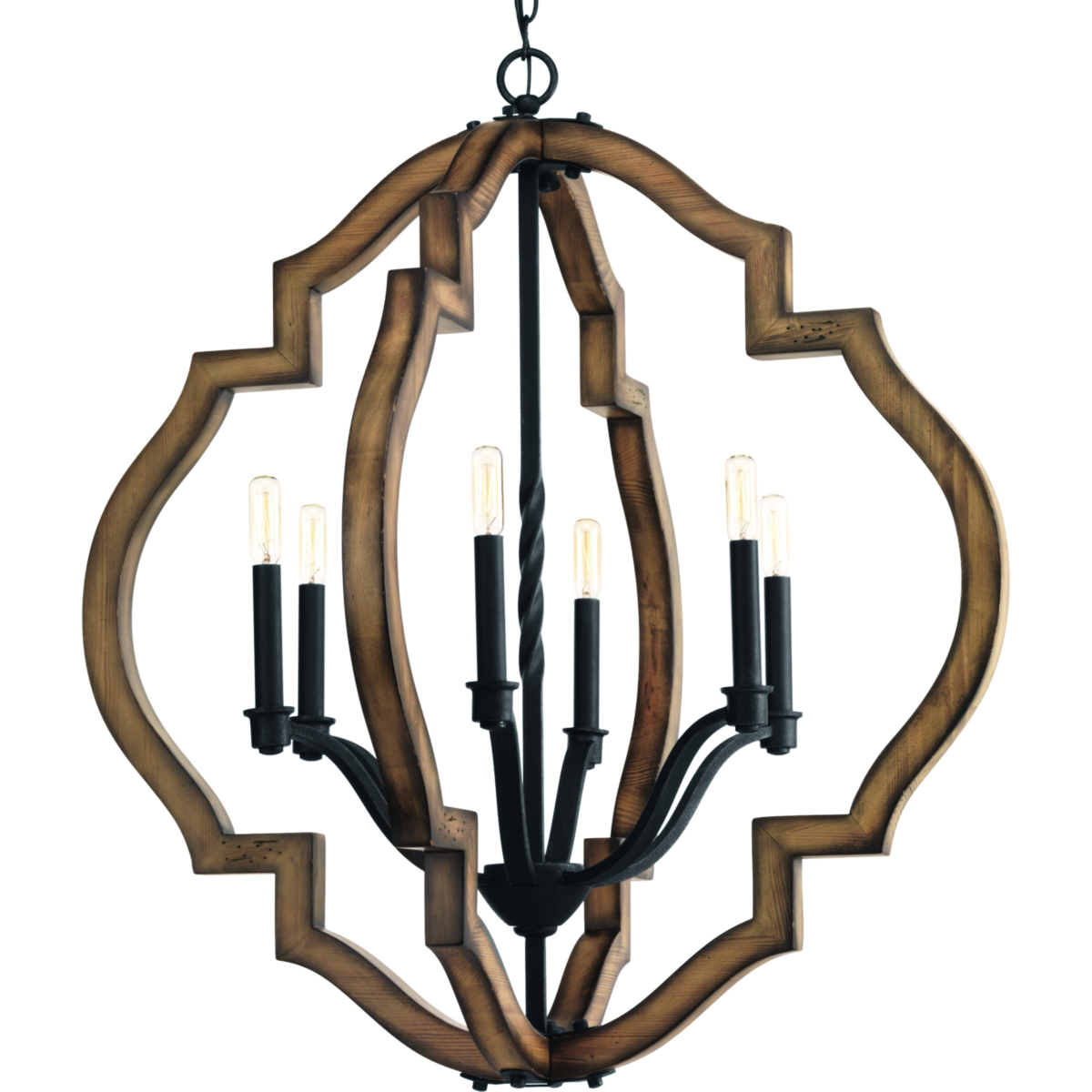 The statement-making six-light Spicewood pendant features a rich, solid wood surrounded in a classic quatrefoil pattern. Wrought iron metal fittings in a Gilded Iron finish are paired with a distressed pine frame to complement rustic and reclaimed design styles.