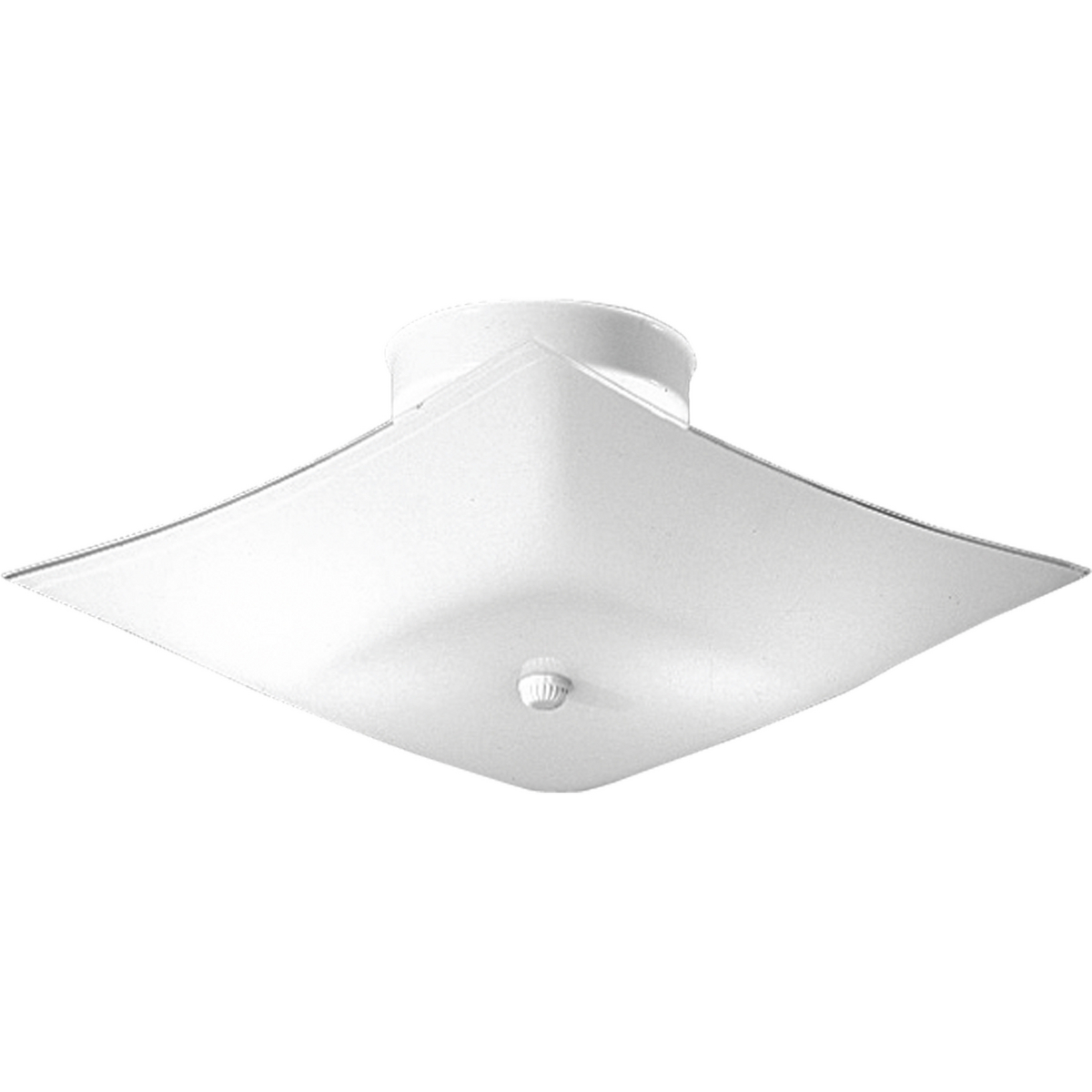 A modern close to ceiling fixture with a square white glass shade in a white finish. The fixture is ideal in either a bathroom or bedroom setting.