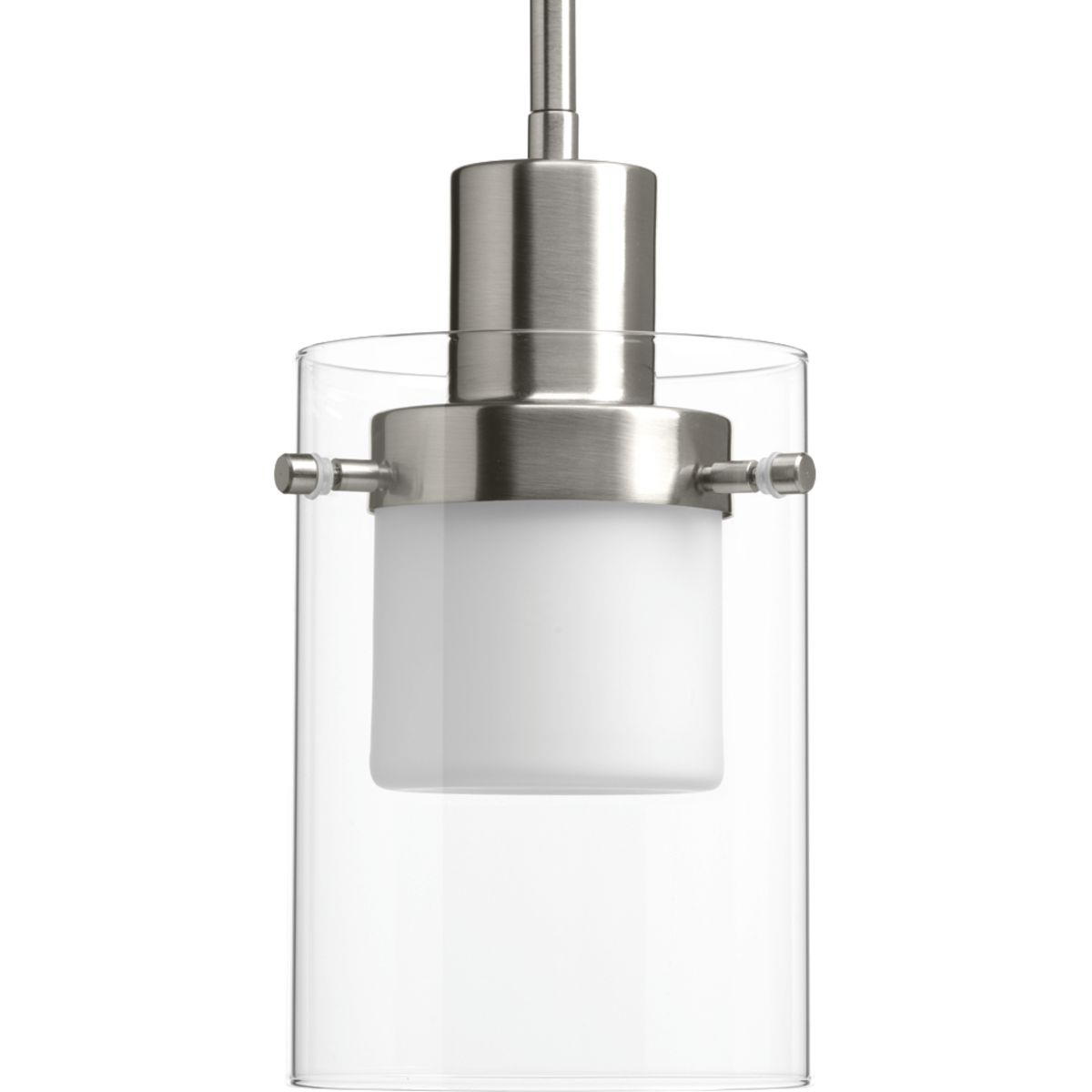 Moderna's modern-inspired silhouette provides a signature focal point for a variety of interior spaces. Features clear outer glass with an inner etched white glass shade and a sleek linear frame finished in Brushed Nickel. The one-light pendant has an AC LED module that delivers energy-efficient illumination and long life performance.