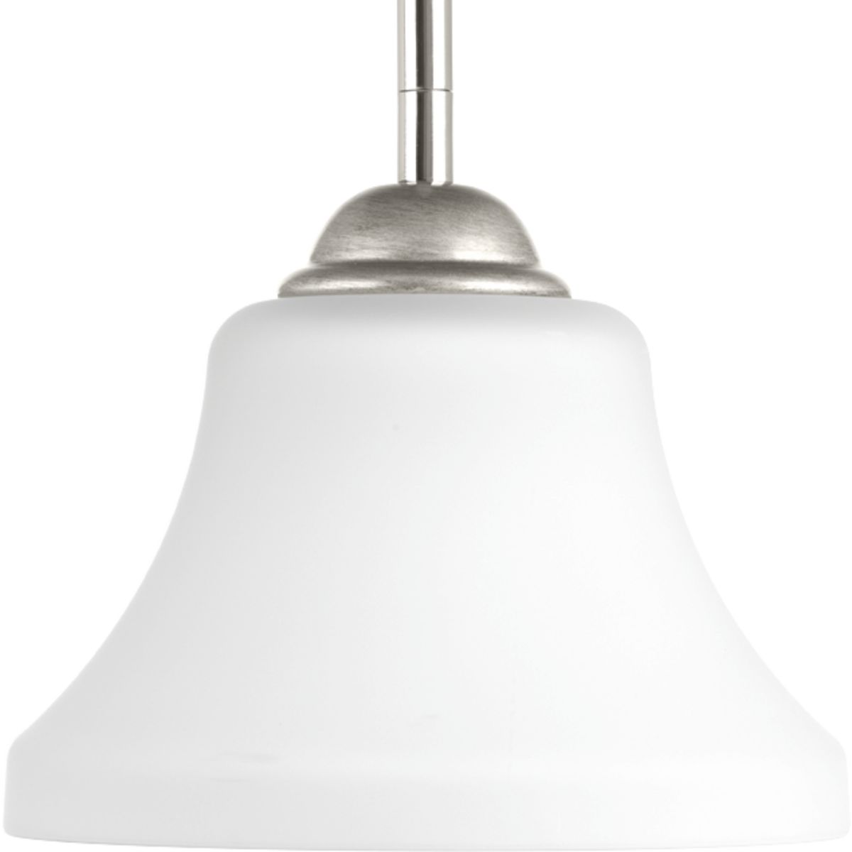 P500007-104 785247206148 Mixed finishes of Polished Nickel with Silver Ridge accents are highlighted in Noma. The one-light mini-pendant with etched white glass is part of our Design Series collections.