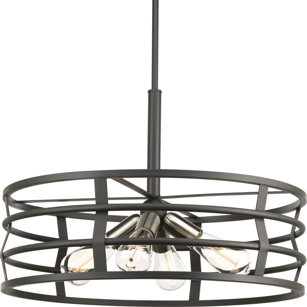 Remix features industrial-inspired pendant options. A Graphite frame is comprised of straps that weave together to create an open cage design. Brushed Nickel accents on the inside add a touch of mixed metal accents. This four-light pendant is part of.
