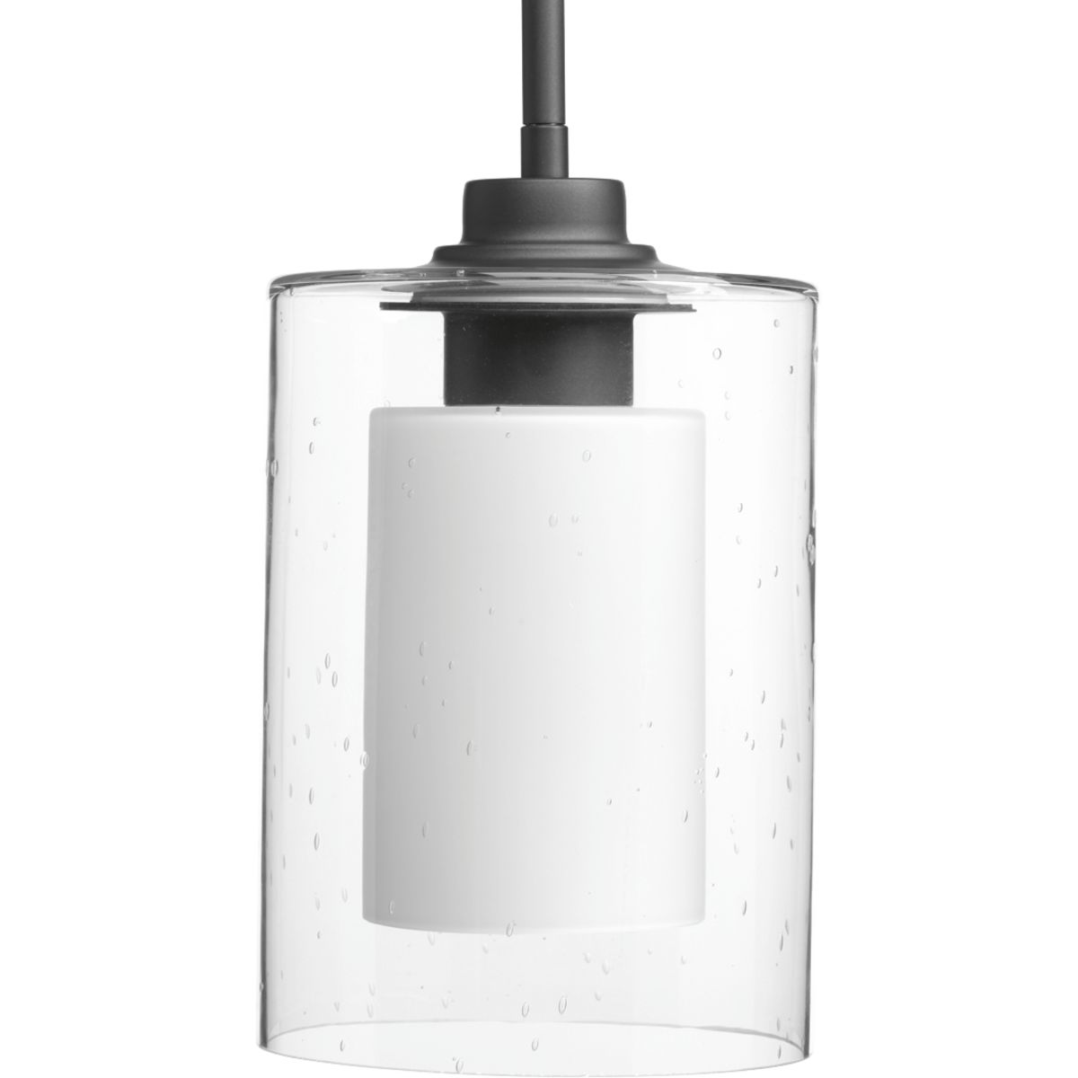 Create a focal point with the Double Glass mini-pendant's vintage-inspired silhouette. Oversized clear seeded outer glass with an inner etched white glass shade complements linear forms in a Graphite finish. Graphite finish.