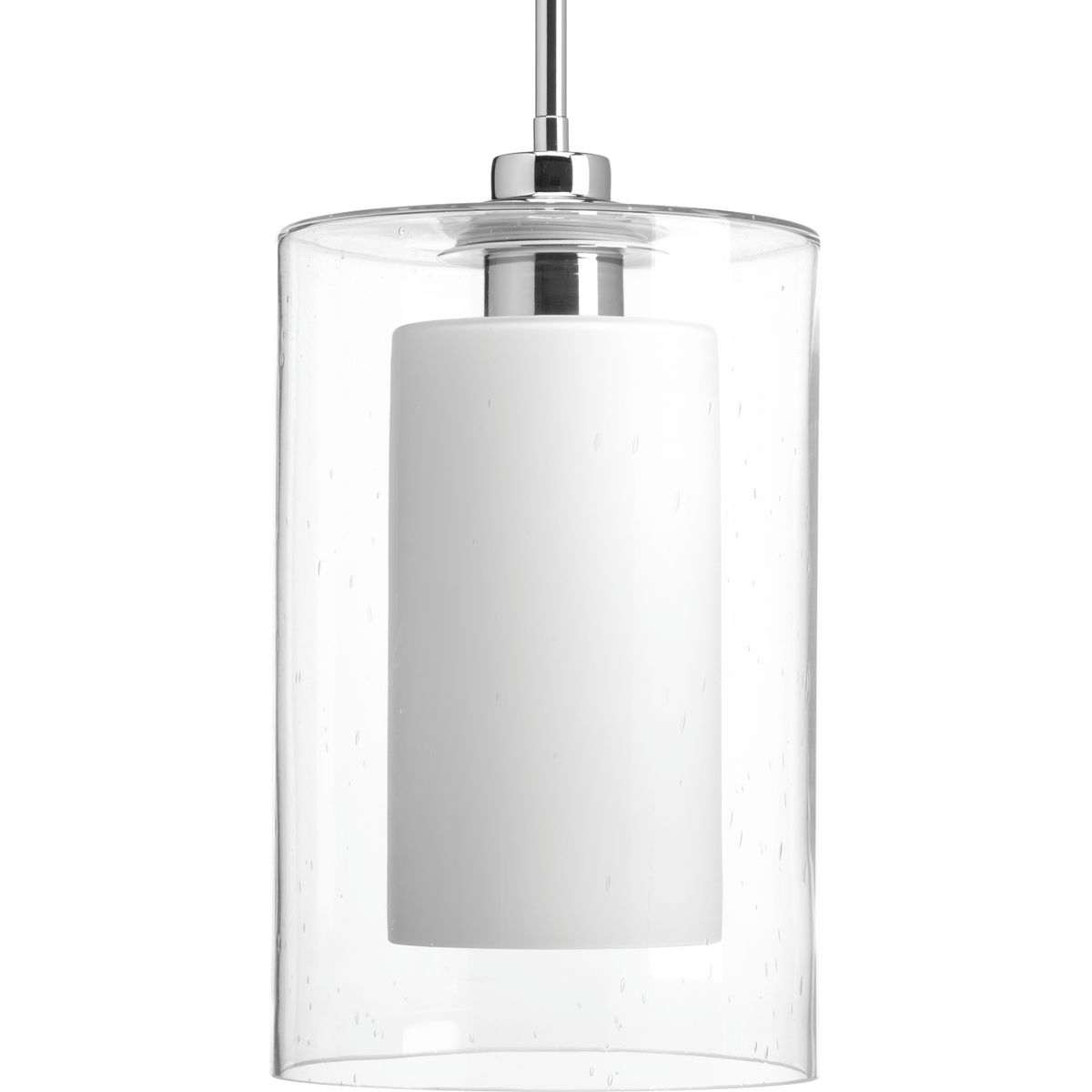 Create a focal point with the Double Glass pendant's vintage-inspired silhouette. Oversized clear seeded outer glass with an inner etched white glass shade complements linear forms in a Polished Chrome finish. Polished Chrome finish.