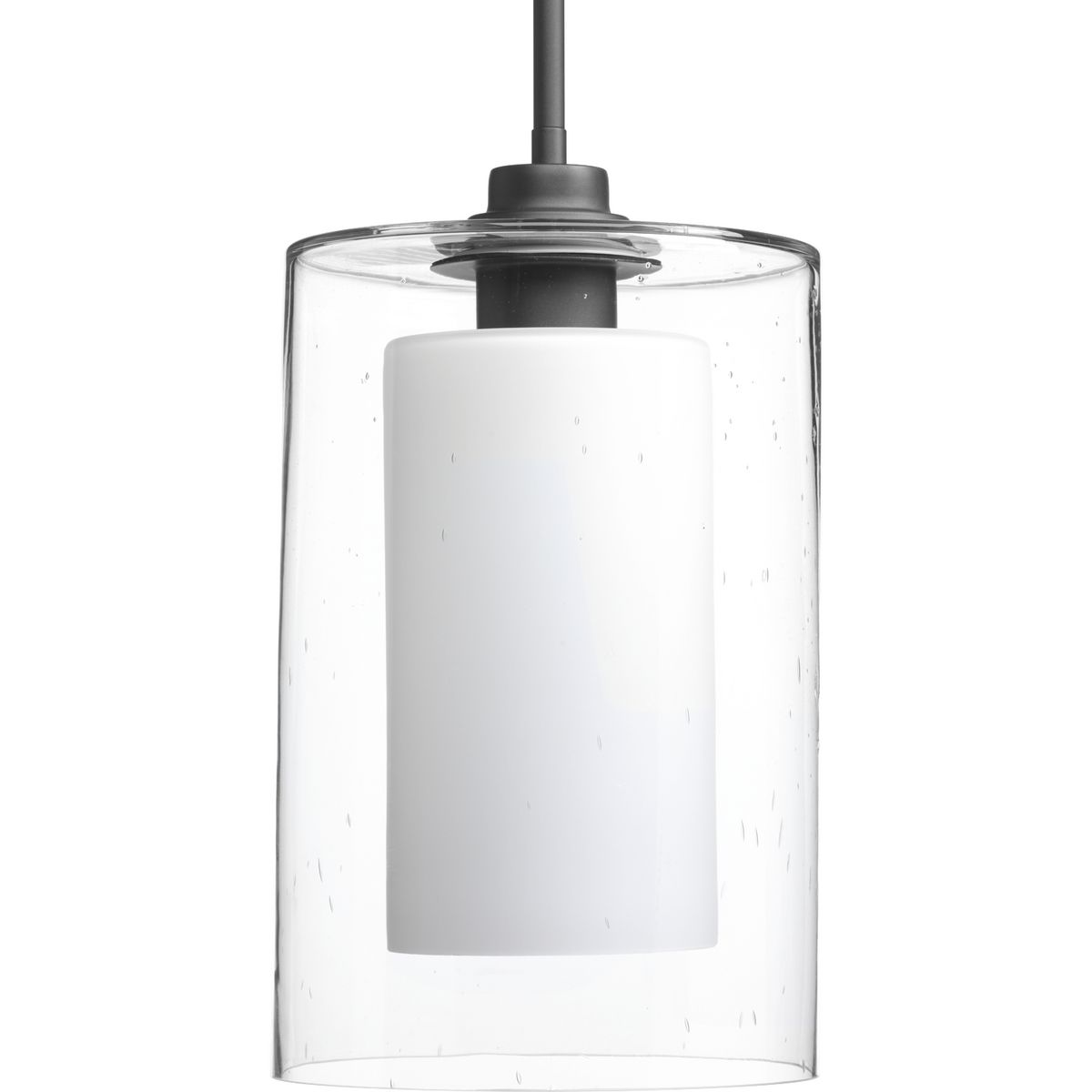 Create a focal point with the Double Glass pendant's vintage-inspired silhouette. Oversized clear seeded outer glass with an inner etched white glass shade complements linear forms in a Graphite finish. Graphite finish.