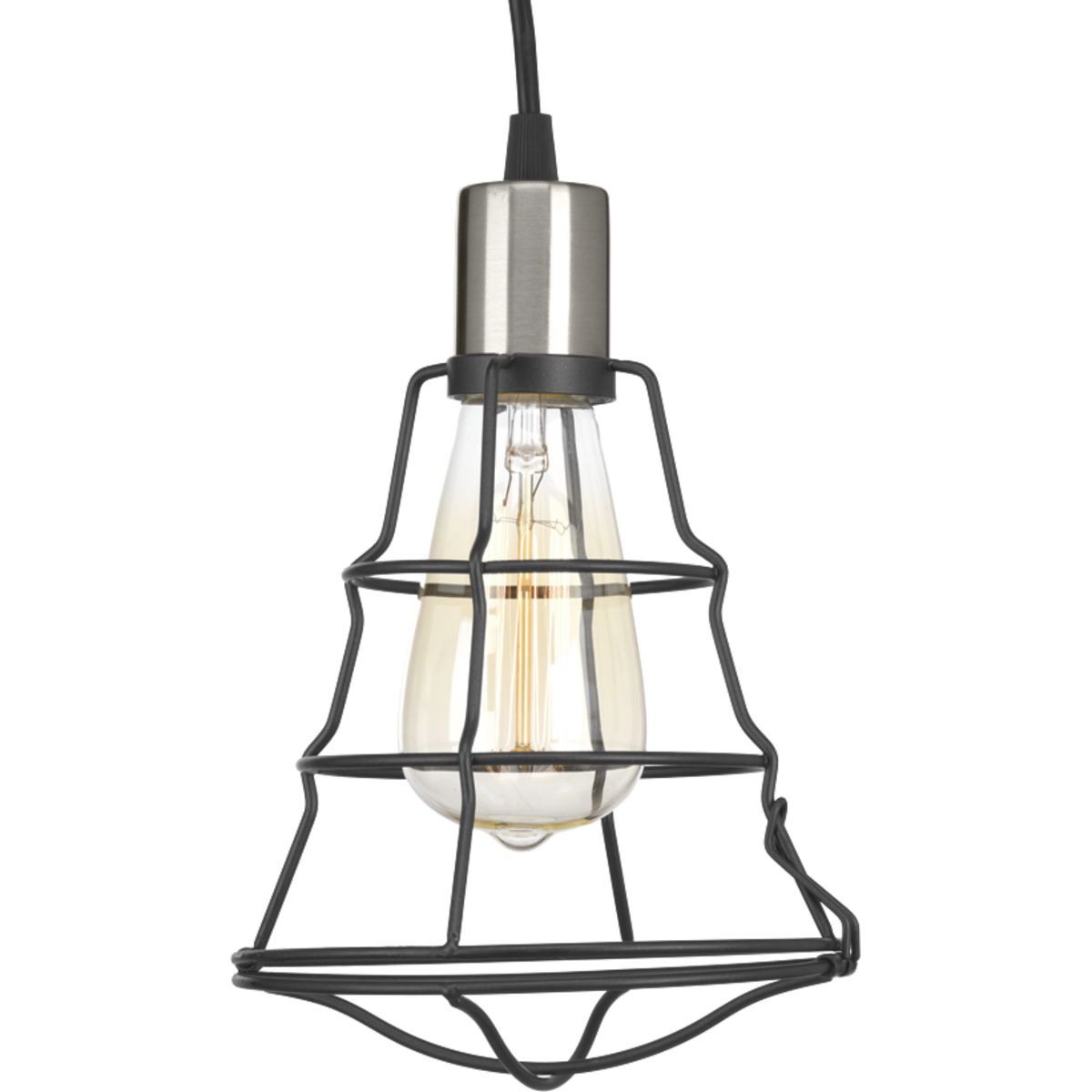 Inspired by industrial elements, Gauge one-light mini-pendant features an open cage design that's both functional and aesthetically appealing. Frame is comprised of a Graphite finished wire frame with Brushed Nickel accents. Hinged door provides easy access to change lamp.