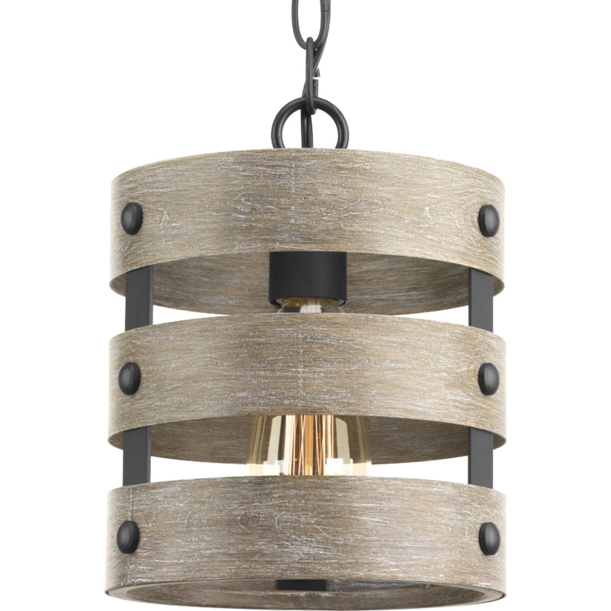 Three circular bands wrap together to create an open design in Gulliver. Hand painted to emulate weathered driftwood, the one-light mini-pendant's Graphite frame is accented by smooth knobs and encases exposed bulbs. The wood grained texture complements rustic farmhouse home decor.