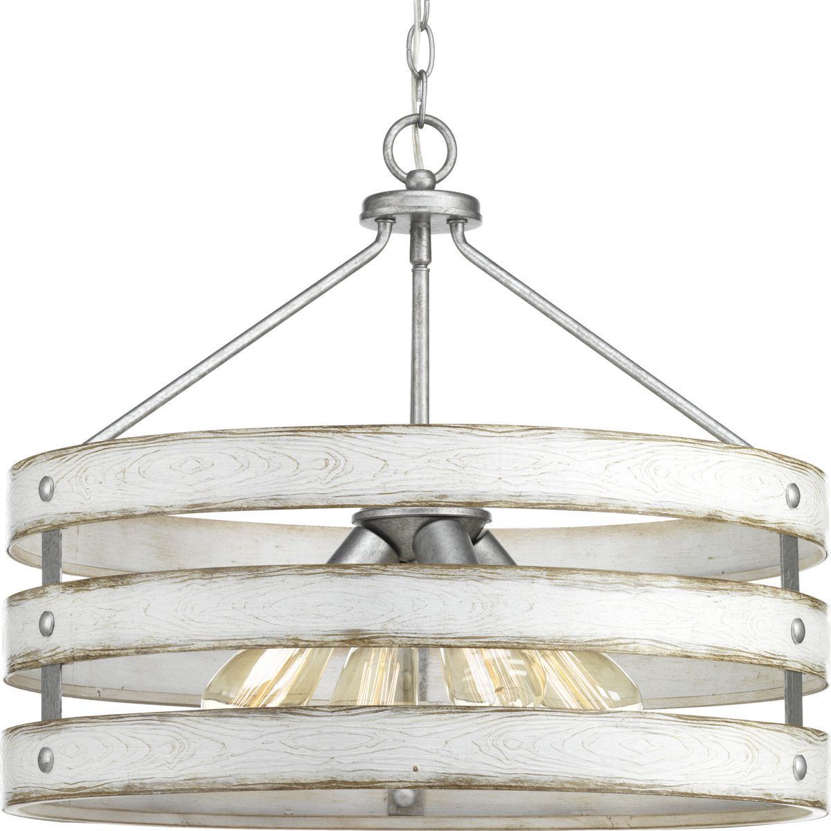 Three circular bands wrap together to create an open design for Gulliver four-light pendant. Dual toned frame color combinations of Galvanized with antique white accents. A hand painted wood grained texture complements Rustic and Modern Farmhouse home decor, as well as Urban Industrial and Coastal interior settings.