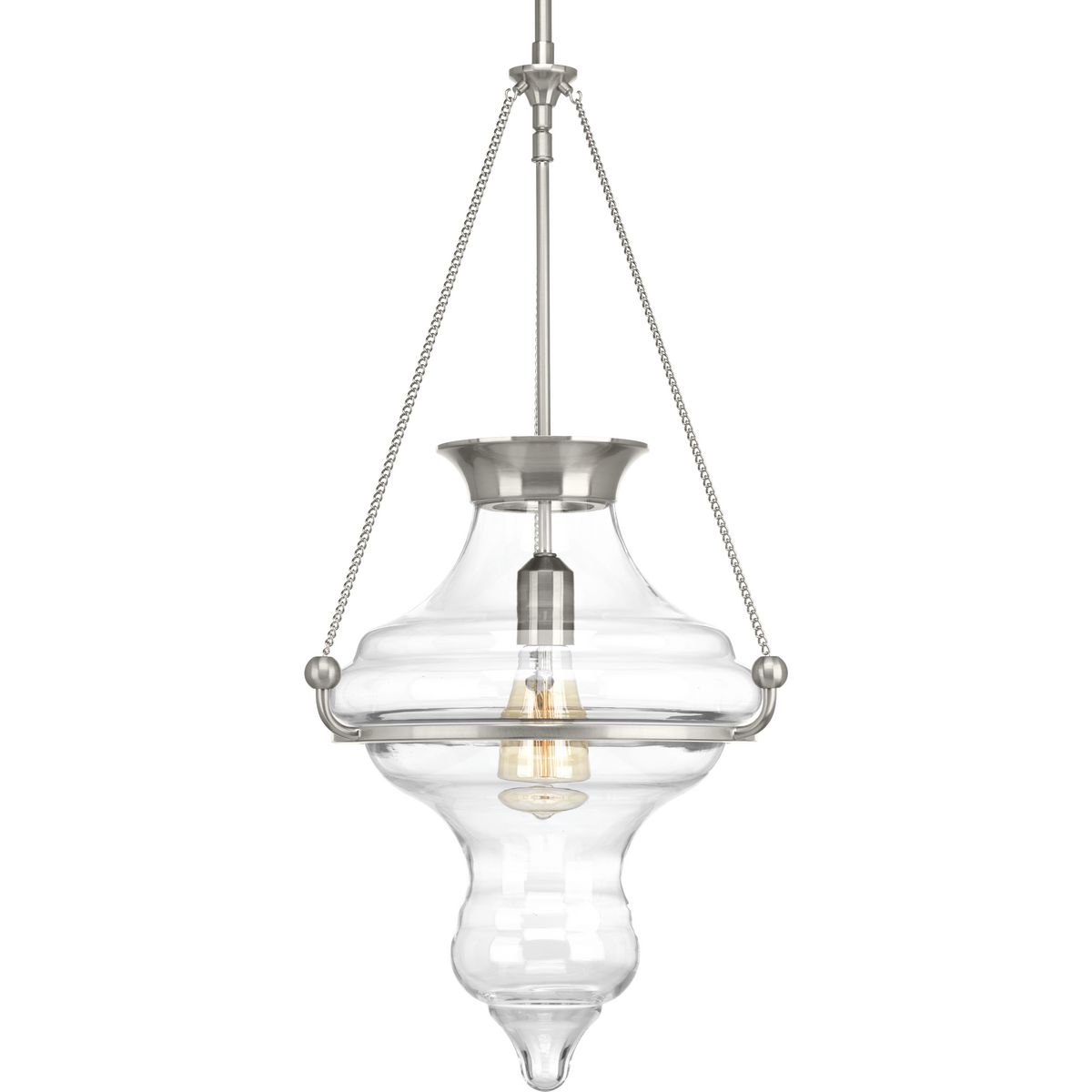 One continuous piece of artfully formed glass is suspended by decorative chain-link frame. Cool and modern with a casual flair, Cazbah pendants provide a signature, global look to any room. Minimal frame is finished in Brushed Nickel.