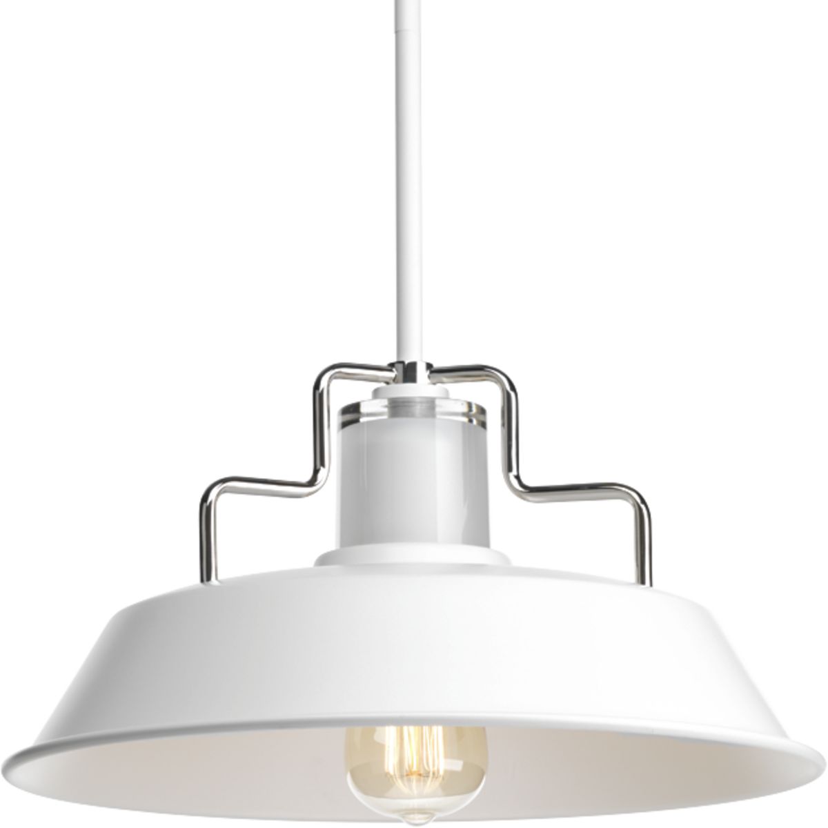 One-light 14 inch pendant in the Archives collection contain carefully crafted accents and special details to achieve a vintage electric feel. Pendants are illuminated with light reflected through a clear piece of glass that is sandblasted on the inside and sits on top of shade. Matte White with Polished Nickel accents..