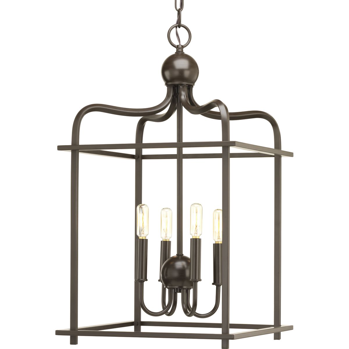 Assembly Hall provides a formal and classic open caged pendant for a variety of traditional and transitional interiors. This Design Series collection features arching frames that are great in scale and surround a candelabra cluster with matching candles. Optional Antique Brass candle covers included for varied look. Four-Light Antique Bronze Foyer Pendant.