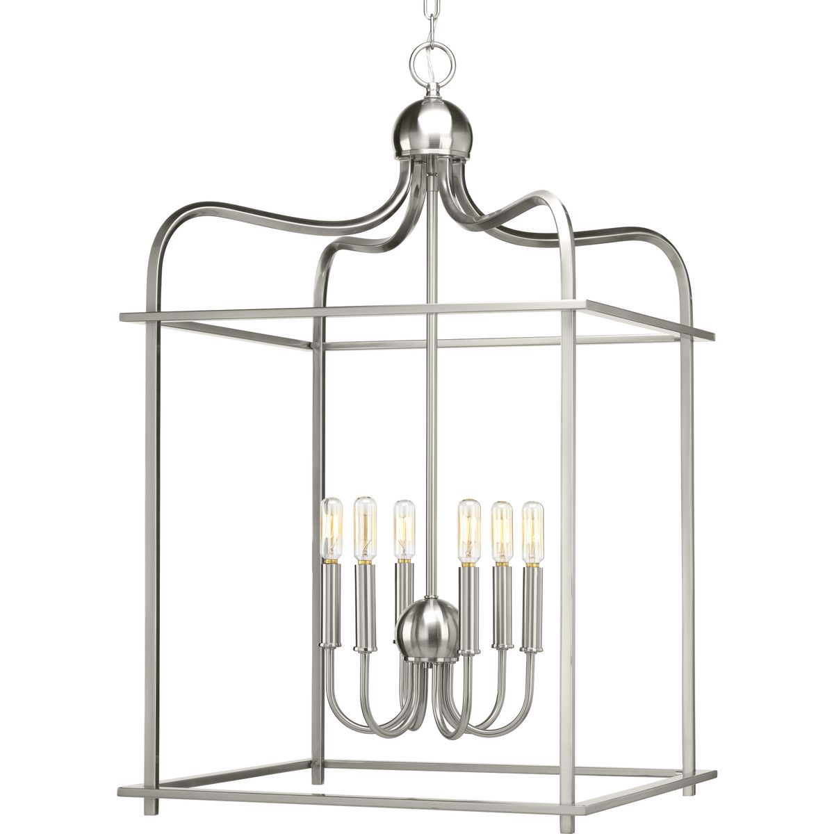 Assembly Hall provides a formal and classic open caged pendant for a variety of traditional and transitional interiors. This Design Series collection features arching frames that are great in scale and surround a candelabra cluster with matching candles. Six-Light Brushed Nickel Foyer Pendant.