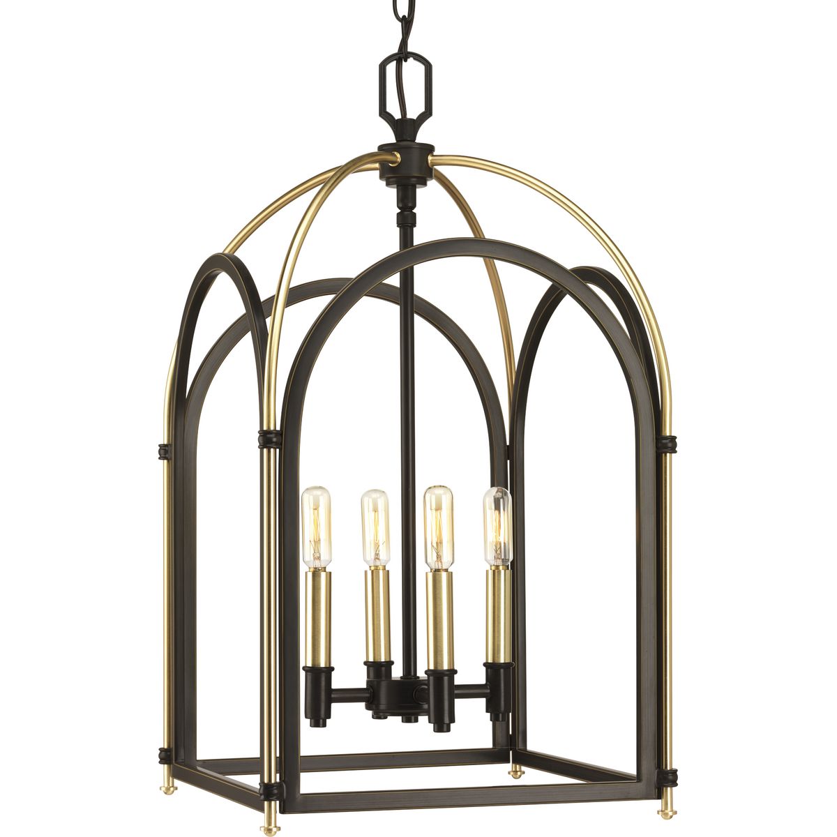 Westfall is a distinctive combination of arching elements that create a dramatic soaring frame. A dual-tone finish of Antique Bronze with Vintage Brass highlights the distinctive form and provides rich contrasting surround for a classic candelabra cluster. Metal fittings add a touch of elegance and dimension to further enhance the classic form of this four-light medium foyer pendant.