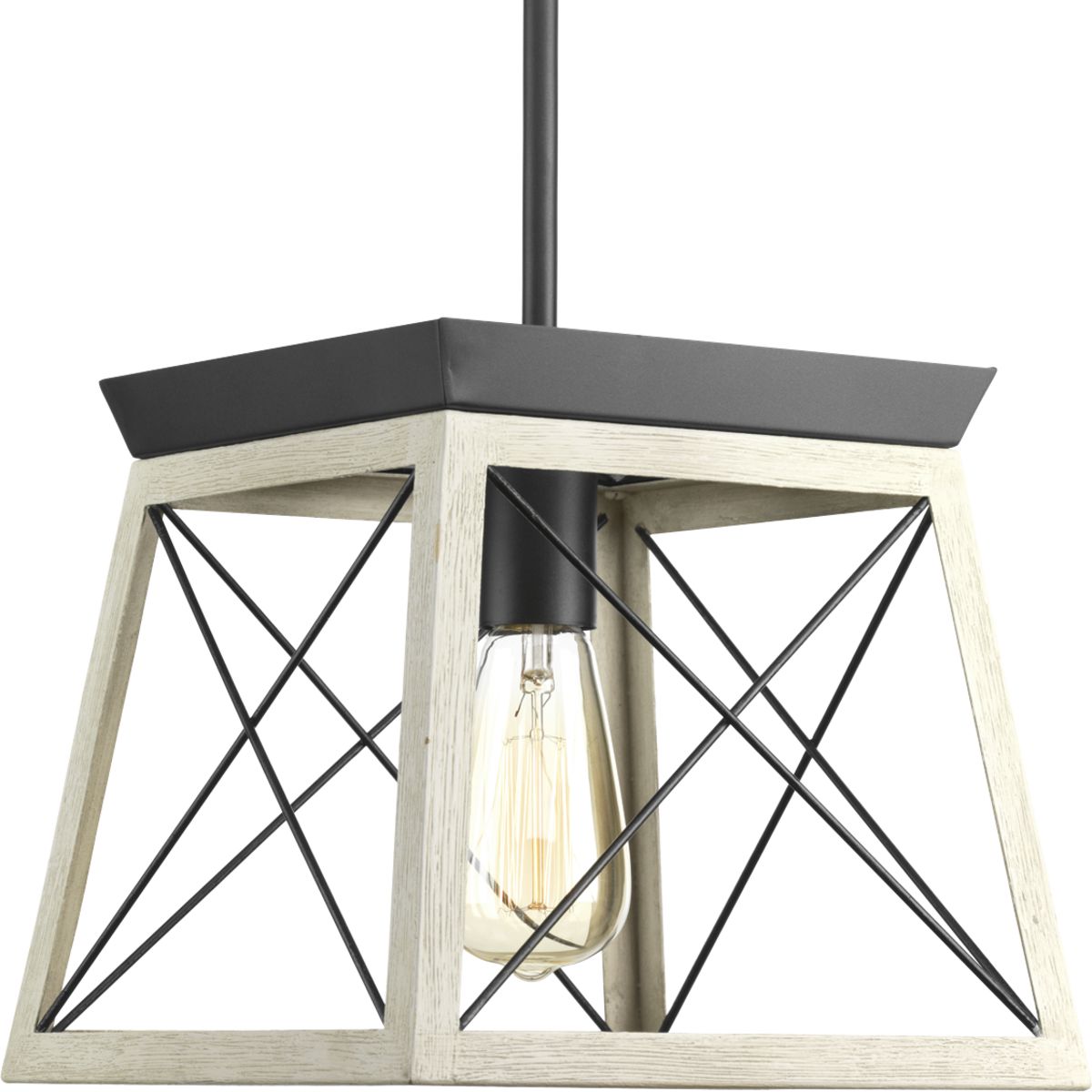 The Briarwood collection features a classic pattern commonly found on barn or farmhouse doors and gates. The simple geometric form features a faux-painted wood enclosure to frame vintage-style light bulbs. A coastal-inspired whitewashed finish paired with Graphite details. One-light mini-pendant.
