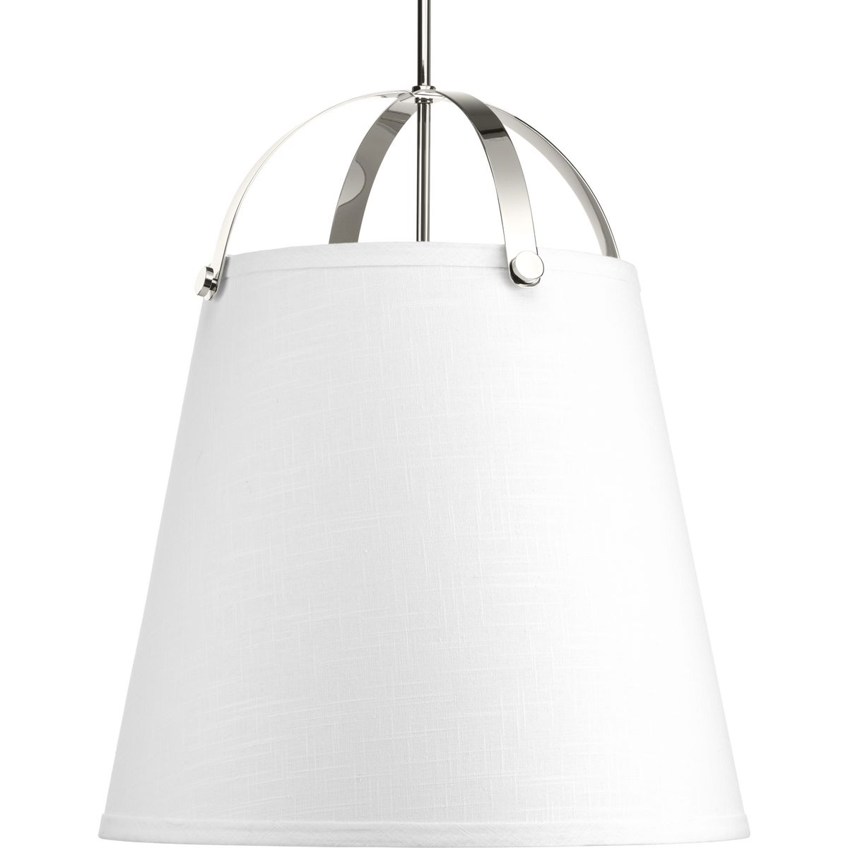 Galley is a simple modern form that complements both coastal decor and commercial style kitchens. The arched supporting frame features overscale metal turnings for an enhanced sense of architectural styling. The white linen shade is comprised of a rich, satin lining for the feel of a tailored fit and finish to complement the multi-light cluster. The three-light oversized pendant is 21 indiameter with Polished Nickel finish. finish.