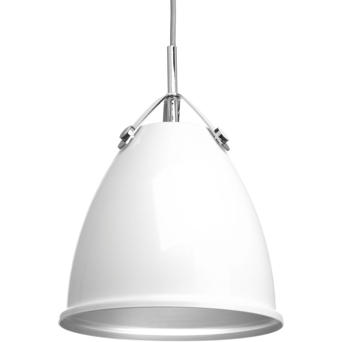 Tre is a classic metal shade 10 in pendant with an updated combination of a White dome and Polished Chrome accents. A tri-arm support adds a sense of architectural and industrial detailing, while the vented shade allows for both downward and upward illumination. Light reflects off the inside of the Vintage Silver shade to provide the final finish effect.
