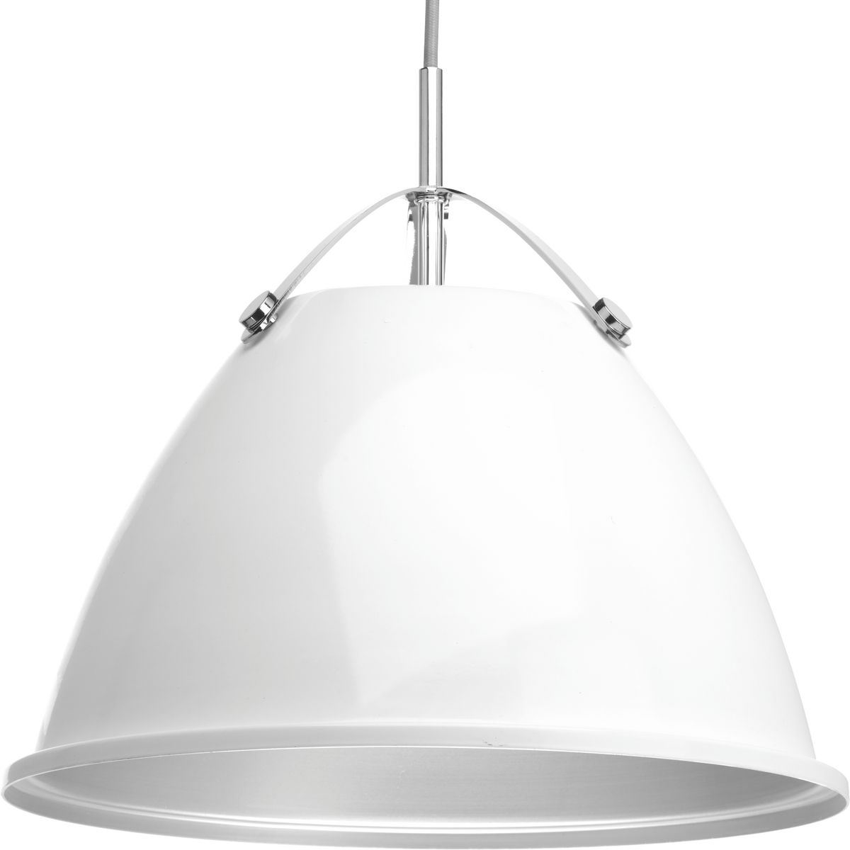 Tre is a classic metal shade 15 in pendant with an updated combination of a White dome and Polished Chrome accents. A tri-arm support adds a sense of architectural and industrial detailing, while the vented shade allows for both downward and upward illumination. Light reflects off the inside of the Vintage Silver shade to provide the final finish effect.